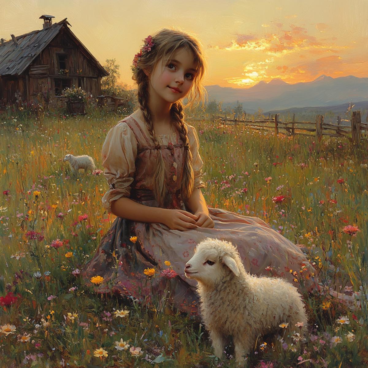 Summer evening, village house courtyard, well in the center, girl with two light braids, flowing traditional Slavic dress, playing with a fluffy lamb, warm sunlight casting soft shadows, wildflowers scattered across the ground, rustic wooden fence, distant mountains silhouetted against an orange sky, impressionistic style reminiscent of Ivan Shishkin.
