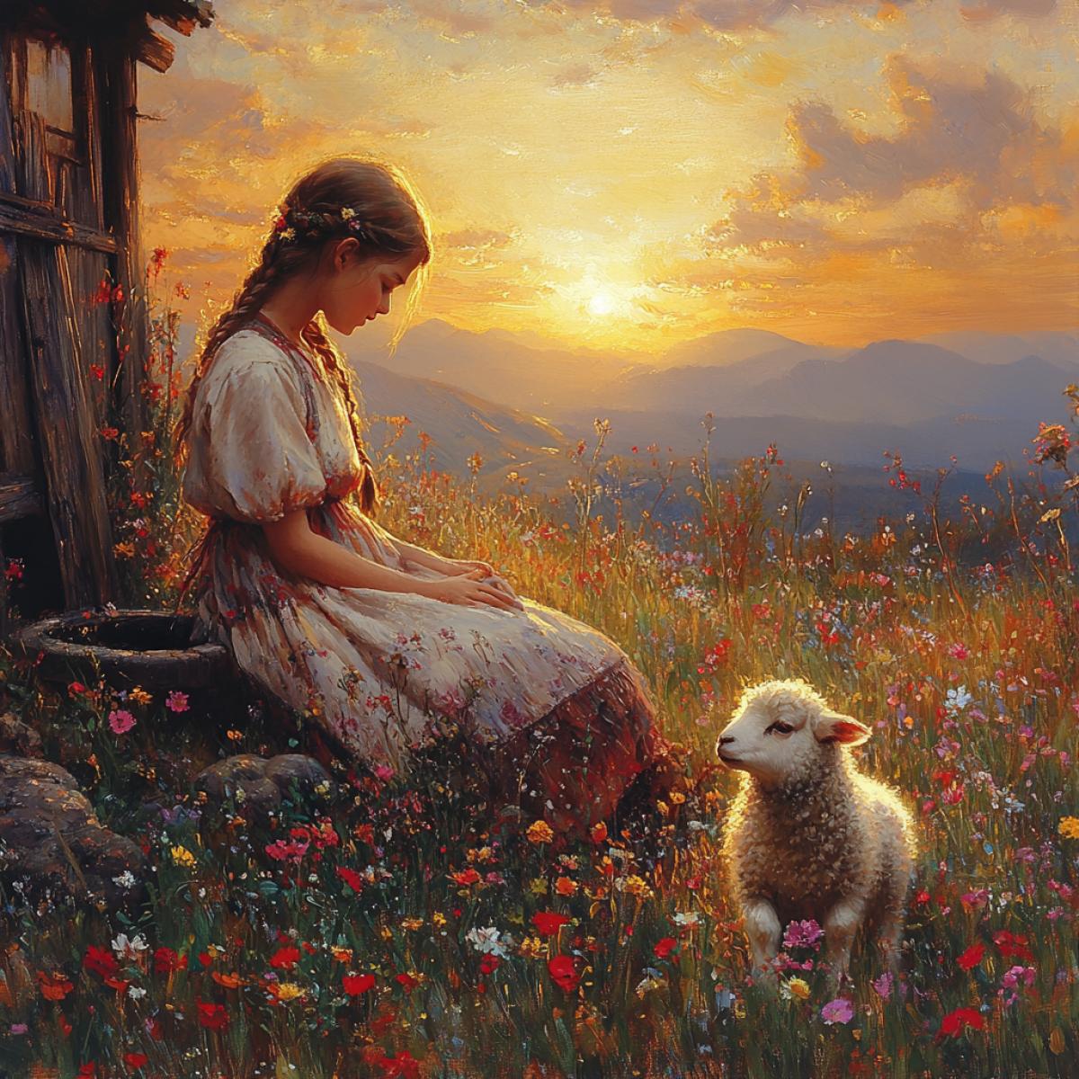 Summer evening, village house courtyard, well in the center, girl with two light braids, flowing traditional Slavic dress, playing with a fluffy lamb, warm sunlight casting soft shadows, wildflowers scattered across the ground, rustic wooden fence, distant mountains silhouetted against an orange sky, impressionistic style reminiscent of Ivan Shishkin.