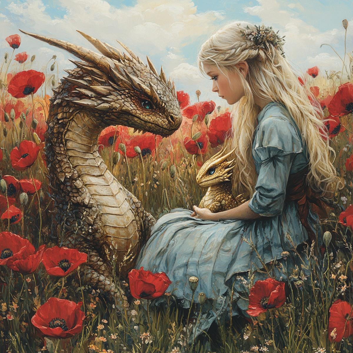 Summer day, field of blooming poppies, girl in flowing blue dress, crouched beside a golden dragon hatchling, vibrant red petals swaying in the breeze, bright azure sky overhead, warm sunlight illuminating intricate scales on the dragon, playful expressions captured in a whimsical, fairy-tale art style reminiscent of Kay Nielsen.