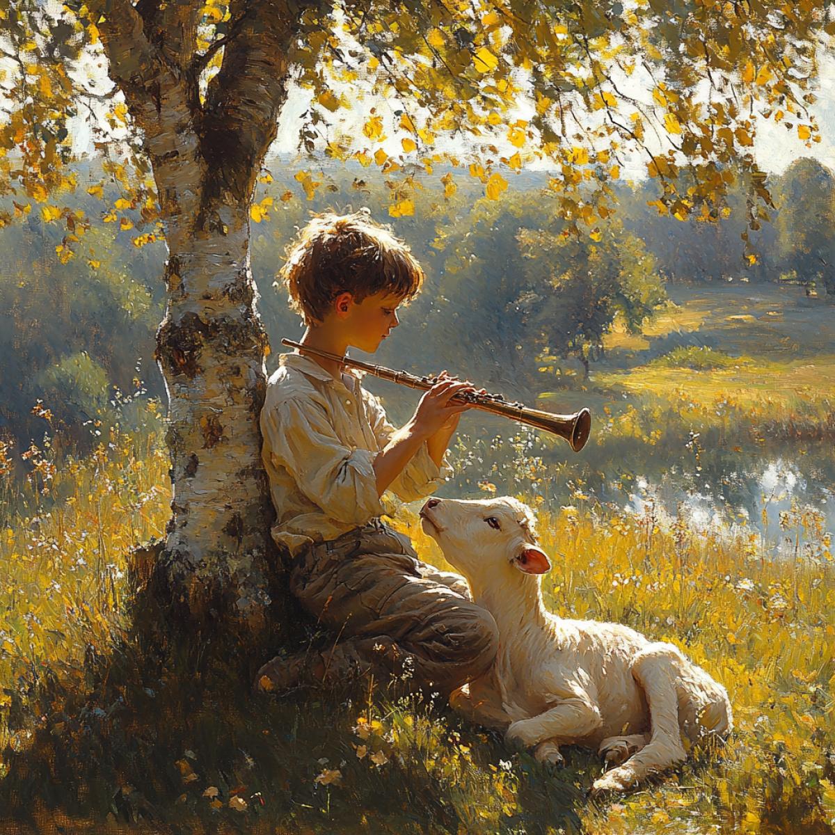 Village meadow, summer evening, small shepherd boy playing a sweet melody on a flute, leaning against a slender birch tree, gentle calf resting beside him, head resting on the boys lap, golden light filtering through the leaves, dappled shadows on soft grass, idyllic pastoral scene in the style of Claude Monet, capturing the tranquility of rural life.