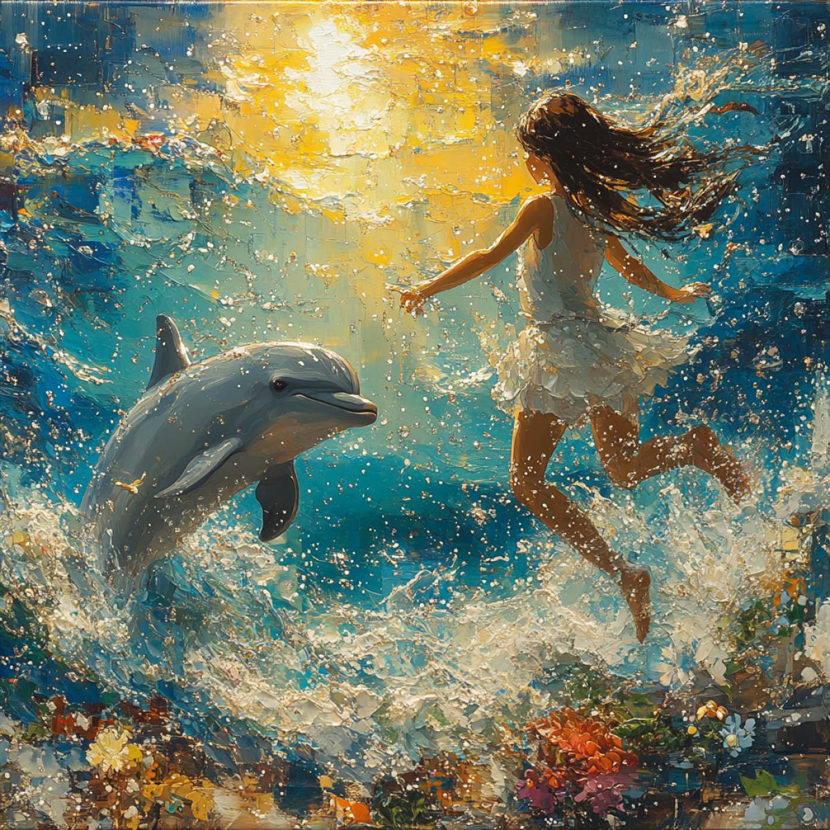 Ocean expanse, shimmering turquoise waves, young girl splashing playfully with a sleek dolphin, sunlight dancing on the waters surface, silver droplets sparkling like diamonds, horizon blending seamlessly into azure sky, surreal underwater flora visible below, captured in the vibrant, fluid style of Hokusai, evoking a sense of harmony with nature.
