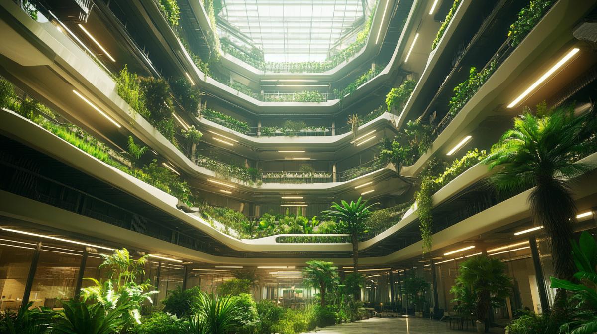 : bright image, Interior of a futuristic high-rise building designed to integrate urban living and vertical farming, The building features a large atrium with multiple floors, allowing natural sunlight to penetrate deep into the interior, The atrium is lined with lush vertical gardens and farming areas, creating a green and inviting environment, Residential and commercial spaces are 4ked around the atrium, with large windows offering views of the greenery, The design emphasizes natural light, open spaces, and a harmonious blend of nature and modern architecture, Solar panels and advanced lighting systems ensure energy efficiency, Overall, the interior is spacious, bright, and eco-friendly