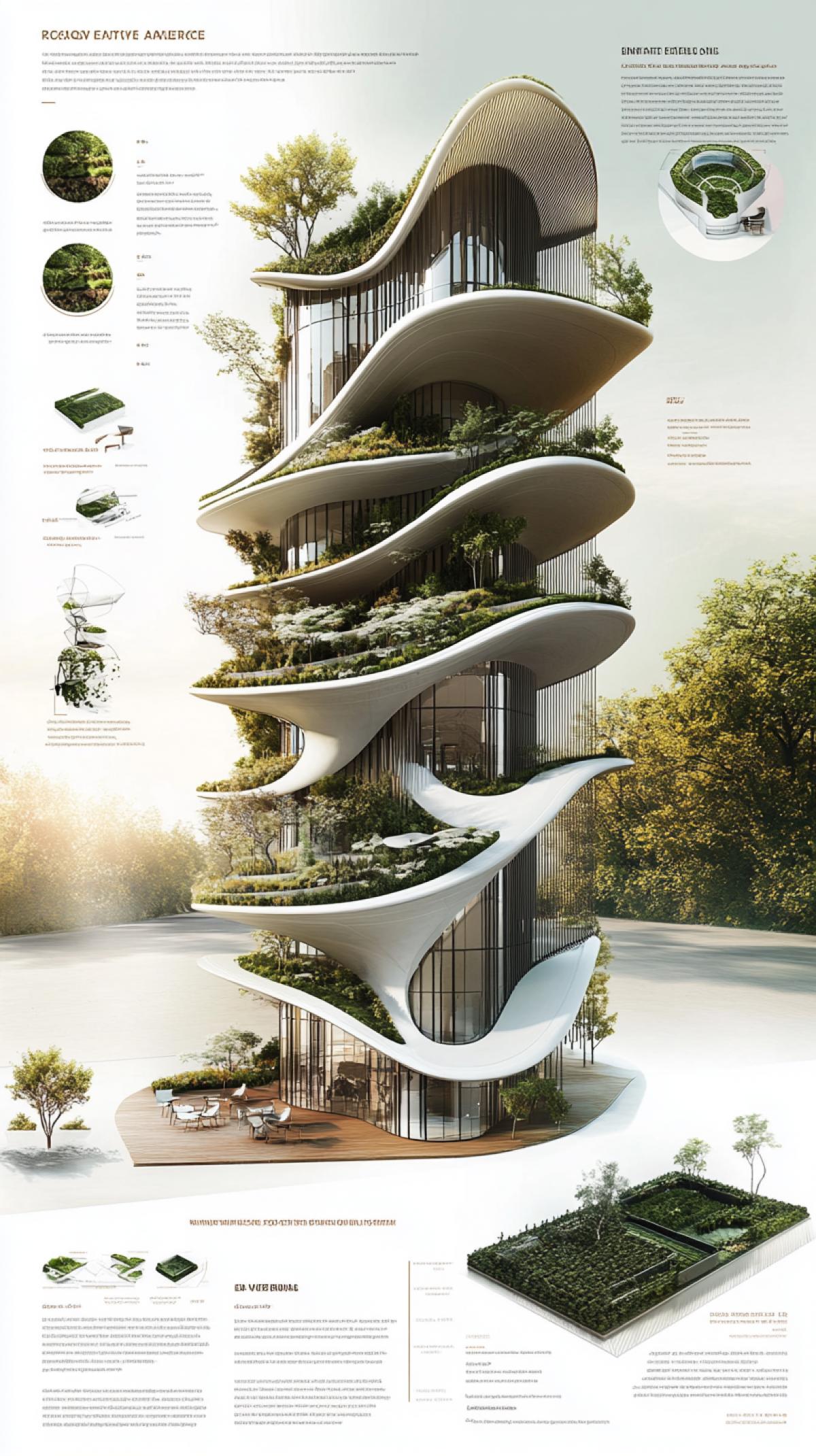 Create an infographic of a building with vertical gardens and green roofs, highlighting eco-technologies in architecture. Show gardens climbing walls and covering roofs, blending glass, steel, and greenery. Illustrate the integration of vegetation with the design. Include an infographic detailing benefits like improved air quality, energy efficiency, and biodiversity. Use labels to highlight components and their ecological advantages. Emphasize the seamless nature-architecture integration, showcasing the aesthetic and environmental impact.
