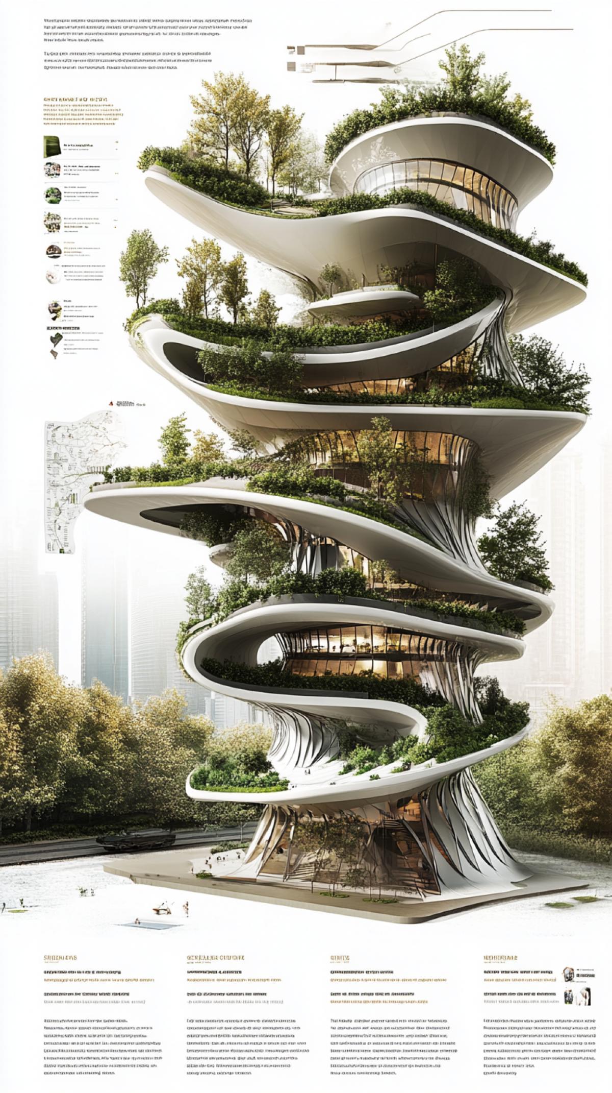 Create an infographic of a building with vertical gardens and green roofs, highlighting eco-technologies in architecture. Show gardens climbing walls and covering roofs, blending glass, steel, and greenery. Illustrate the integration of vegetation with the design. Include an infographic detailing benefits like improved air quality, energy efficiency, and biodiversity. Use labels to highlight components and their ecological advantages. Emphasize the seamless nature-architecture integration, showcasing the aesthetic and environmental impact.