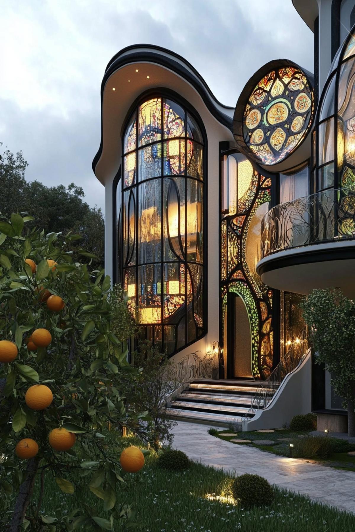 Futuristic home of the future, inspired by Persian carpets, with orange trees growing in the yard