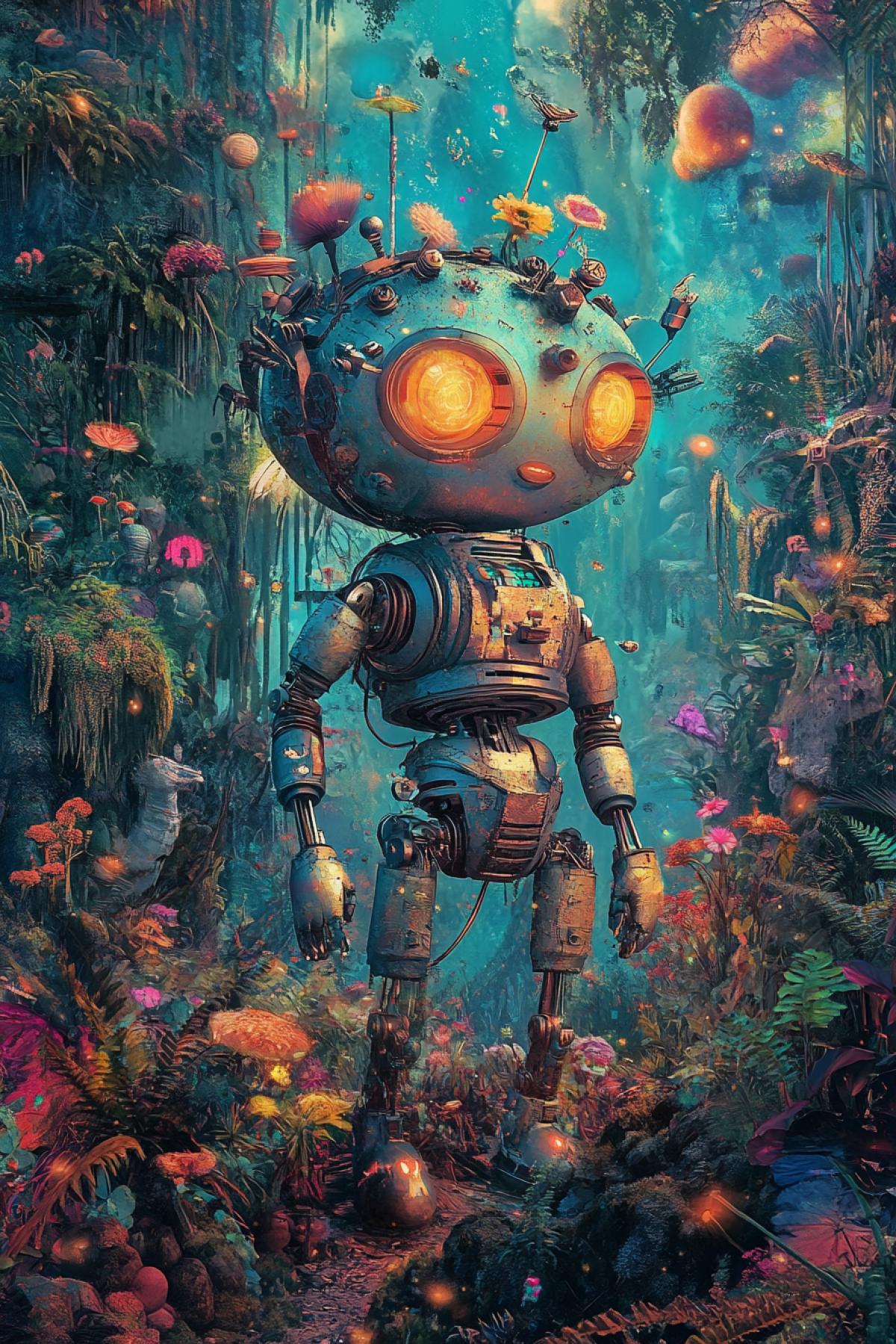 Eco utopia, cute robot, maximalism, flickering, photoshop, future, psychedelic