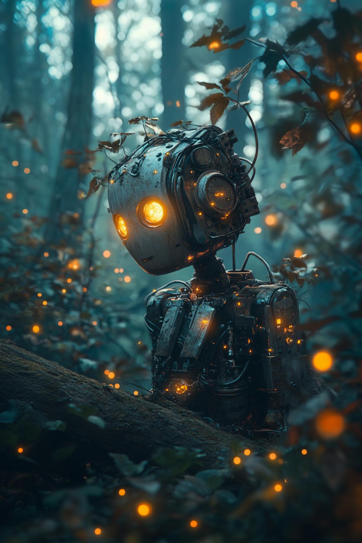 Eco utopia, cute robot, maximalism, flickering, photoshop, future, psychedelic