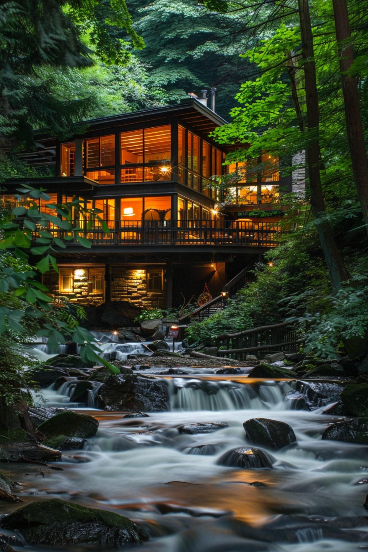 13-1023 Peach Fuzz, A large house with a wide facade and windows throughout almost the entire front area. This miracle of engineering stands on stilts, right on the forest slope near the waterfall. Inside you can see vintage furniture after restoration and original floors made of multi-colored boards.