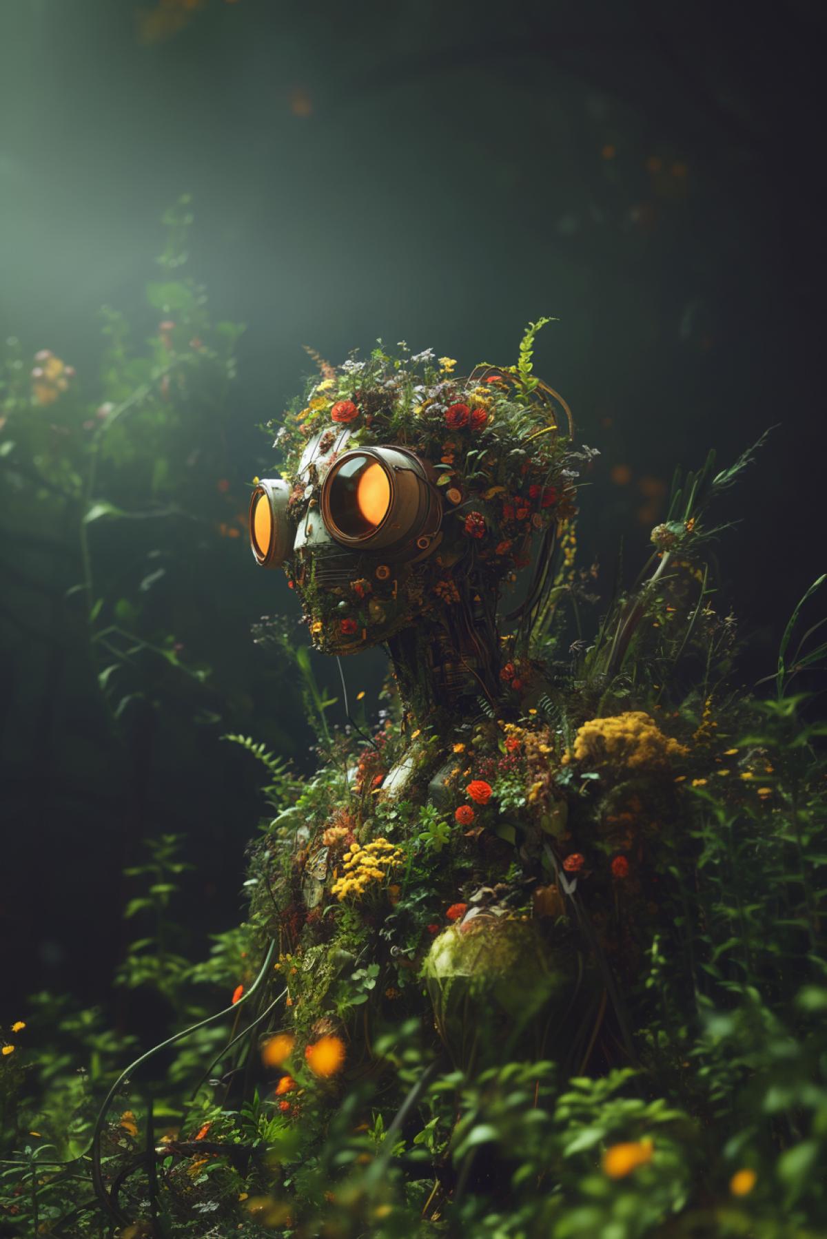 robot in the form of plants, Eco utopia, cosmic flowers, flickering effect, photoshop, maximalism,