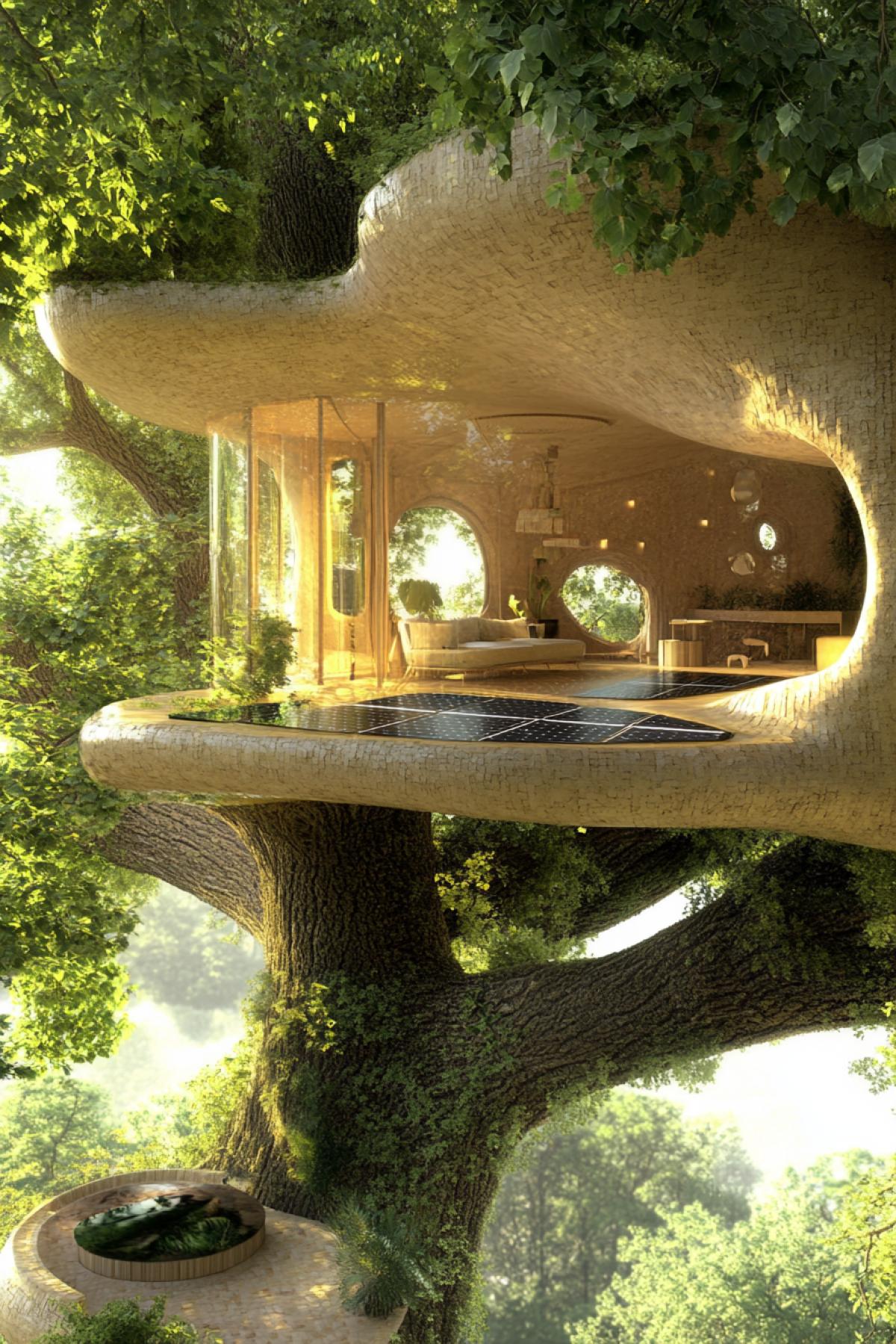 Eco-house built inside a giant tree with windows and terraces, the branches of which serve as a natural roof, solar panels integrated into the foliage, cozy spaces inside made of natural materials, walls made of clay and bamboo, natural light through the leaves, forest all around, wild animals roam nearby , a feeling of comfort and merging with nature.
