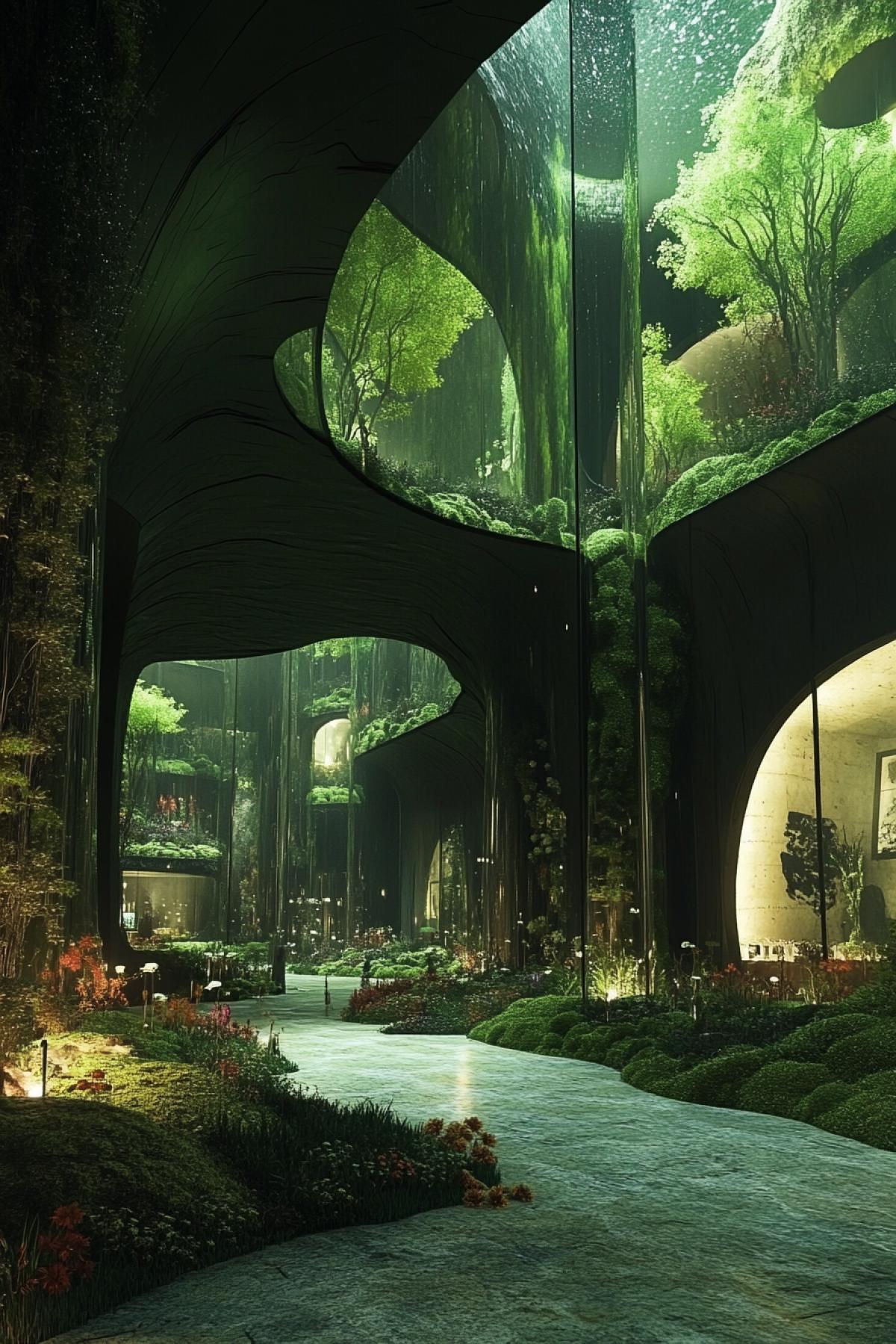 An underground eco-city, the vault of which consists of a transparent material through which the night sky is visible, buildings made of living plants that create unique shapes, bioluminescent trees illuminate the streets with soft light, residents move around on bicycles and air elevators, paintings of moss and flowers hang on the walls, the atmosphere a mysterious world, hidden from civilization and living in complete unity with nature.