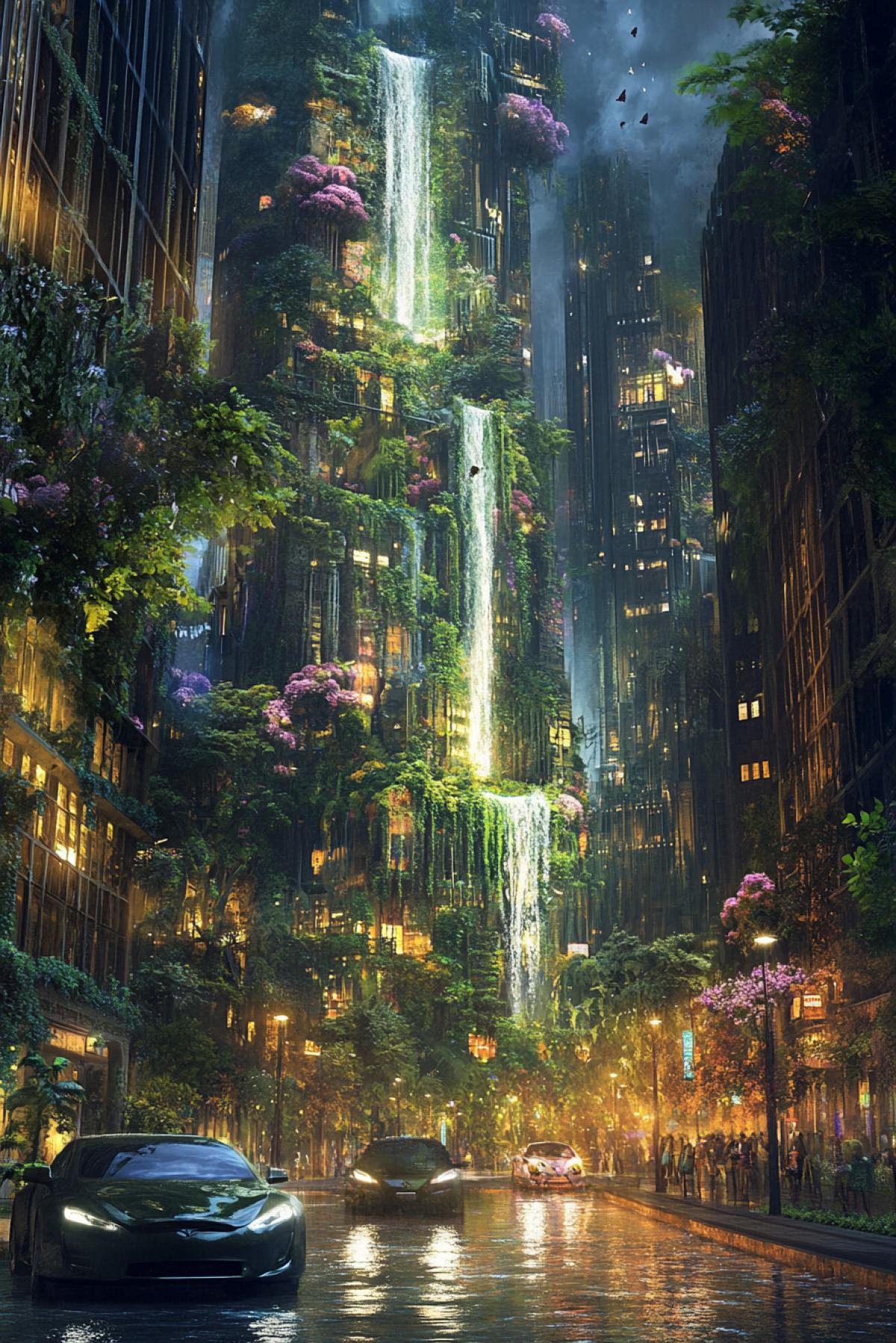 A city where streets and buildings smoothly turn into rivers and lakes, buildings are made of biomaterials similar to coral, birds and rare animals live on the roofs, electric cars running on hydrogen drive along the roads, braided with green vines, in the center of the city there is a big park with giant flowers glowing in the night, the atmosphere of a fantasy world where nature and technology merge into one.