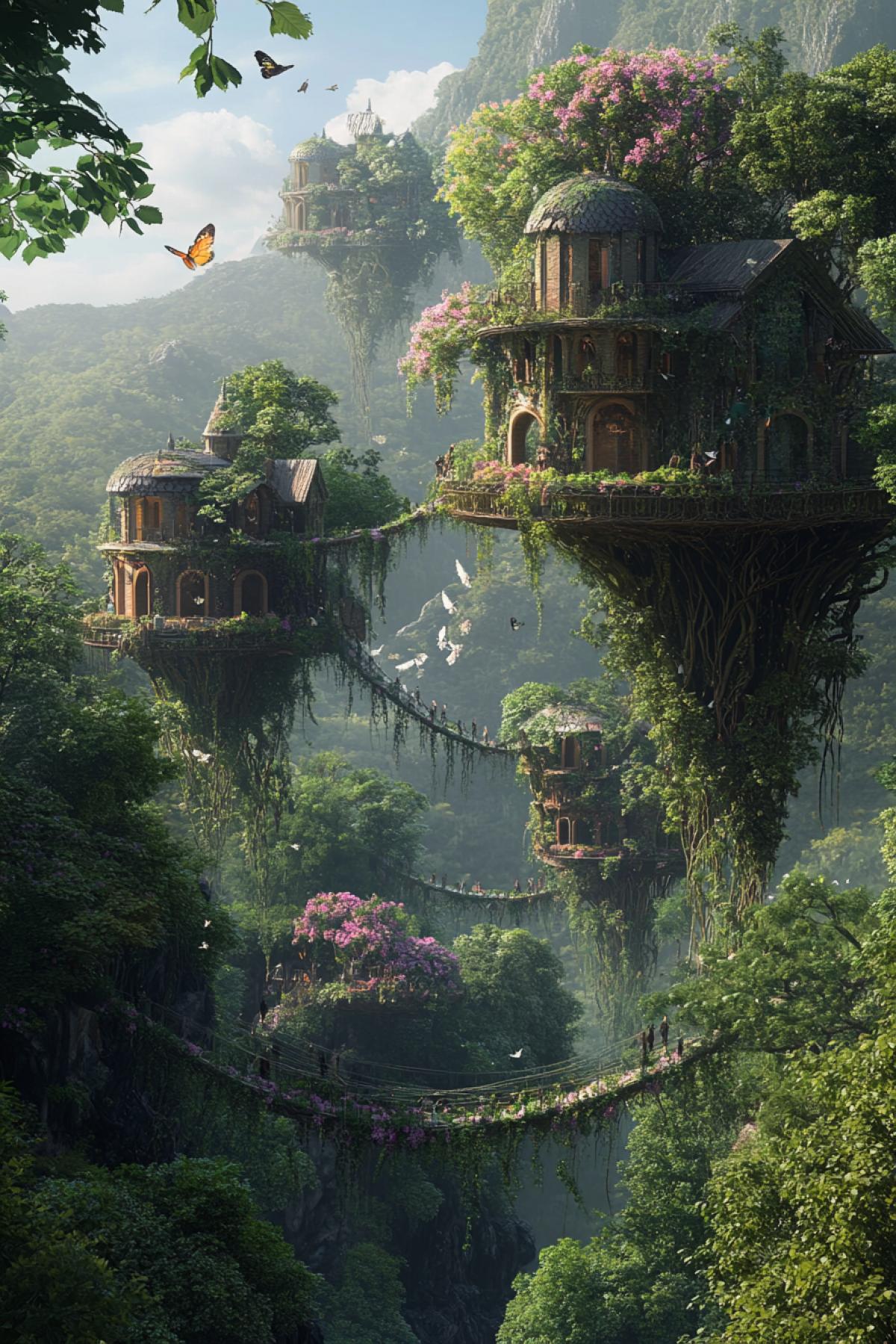 An aerial city floating above the forests on giant vines and flowering plants, houses in the form of cocoons made of living tissue that grow and change shape, bridges made of intertwined branches and vines connect buildings, birds and butterflies soar around, energy is generated by winds and sunlight, a feeling flight and freedom in a world where nature supports life at its best.