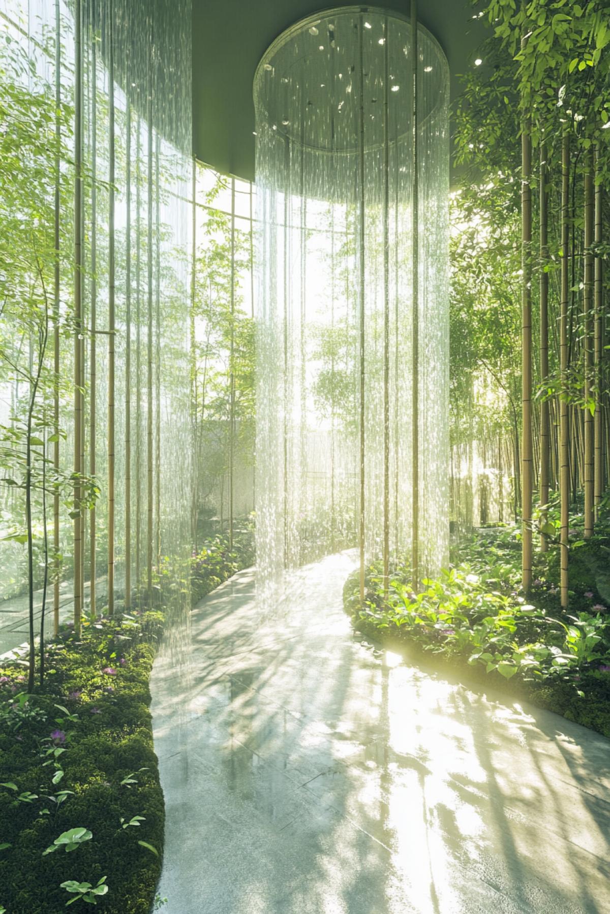 A big labyrinth made of bamboo and glass, each corridor of which leads to secluded spaces for rest and work, walls made of moss and flowers, transparent ceilings let in sunlight, inside there are artificial waterfalls and mini-lakes, eco-lifts made of vines, the quiet rustling of leaves can be heard throughout the labyrinth , an atmosphere of meditative calm and complete fusion with nature.