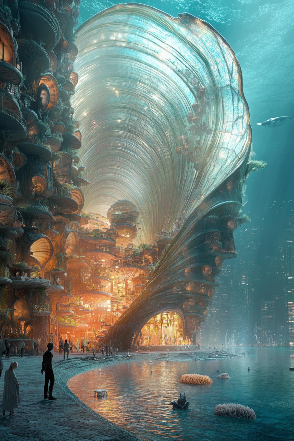 A giant seashell, inside of which a city is built, streets filled with sea water, on which floating gardens and houses float, walls made of living corals, light passes through them, creating an iridescent play of colors, sea creatures swim next to people, atmospheric streets are filled with freshness ocean and unity with the marine ecosystem.