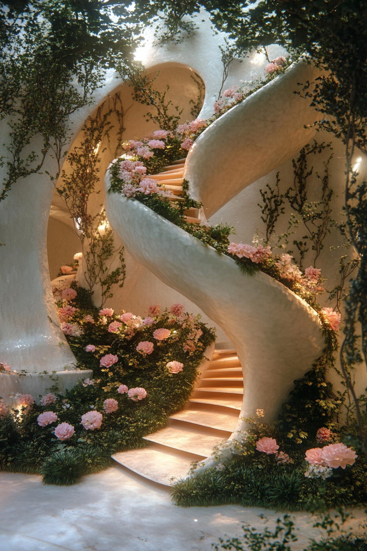 Biomimicry, air palace with a big spiral staircase entwined with flowers, Biomimicry Romance