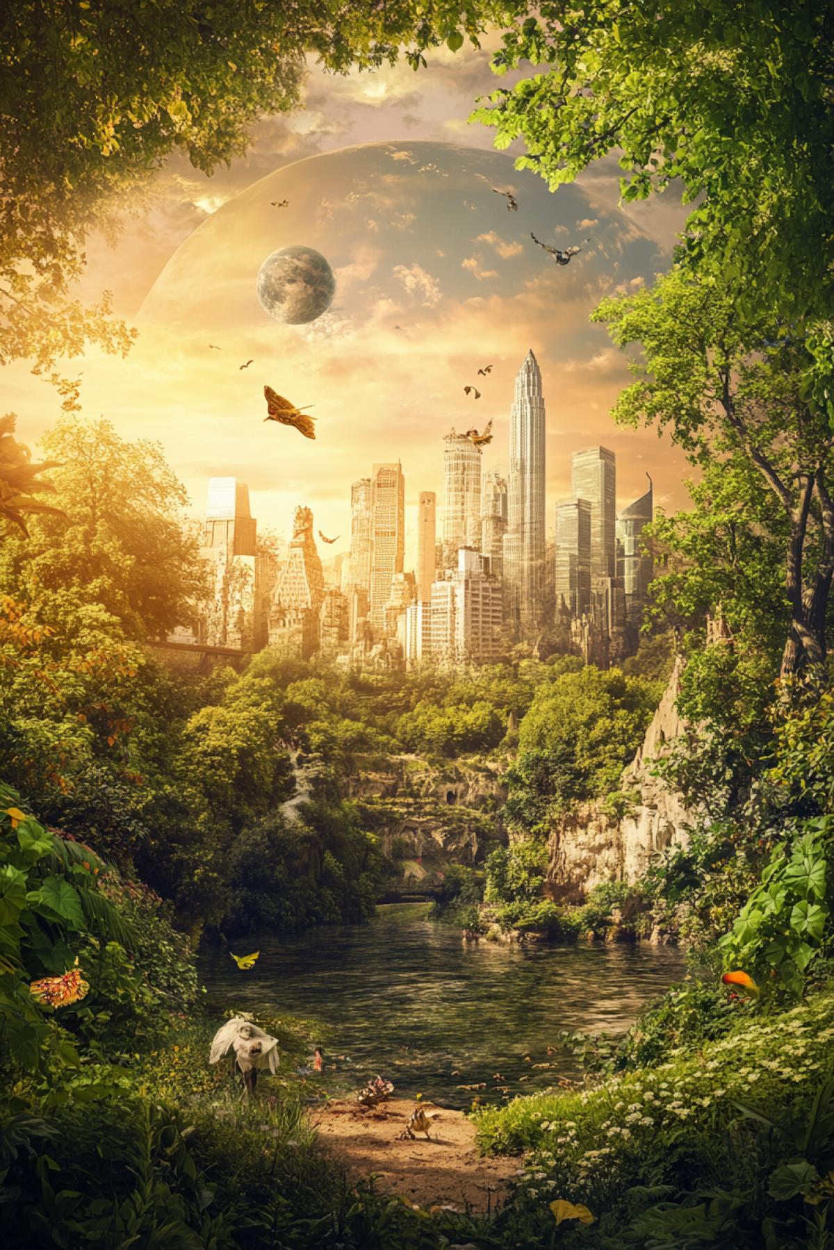 an ideal world where nature and technology coexist harmoniously. we need to generate images that reflect a utopian society where people live in complete harmony with their environment.