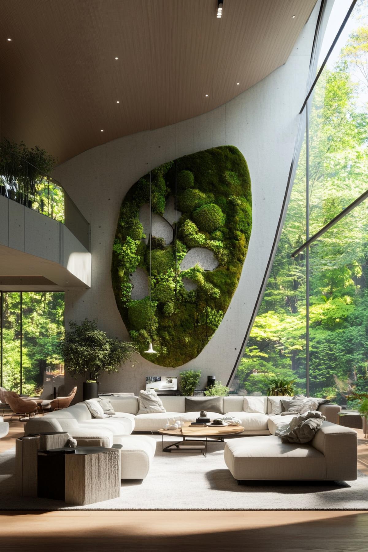 the living room is in high-tech style, with a large panel on the wall made of stabilized moss and concrete. moss prevails in the panel. sofas in the interior are white