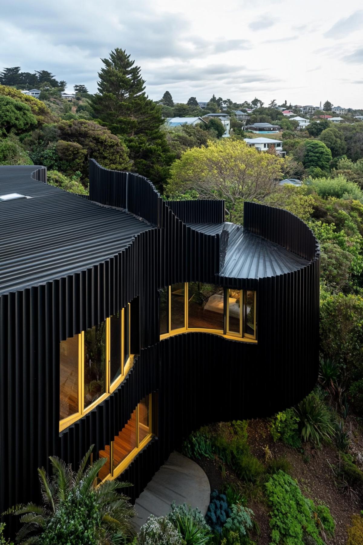 unique house located on the slope of a volcanic crater in Auckland. Its shape resembles a twisted corrugated iron sculpture, creating interesting spaces inside and out. The external surfaces of the house are lined with dark wood, the windows have yellow frames, harmoniously blending into the surrounding landscape. Windows and vegetation provide wind protection and privacy, as well as panoramic views of the park and crater.