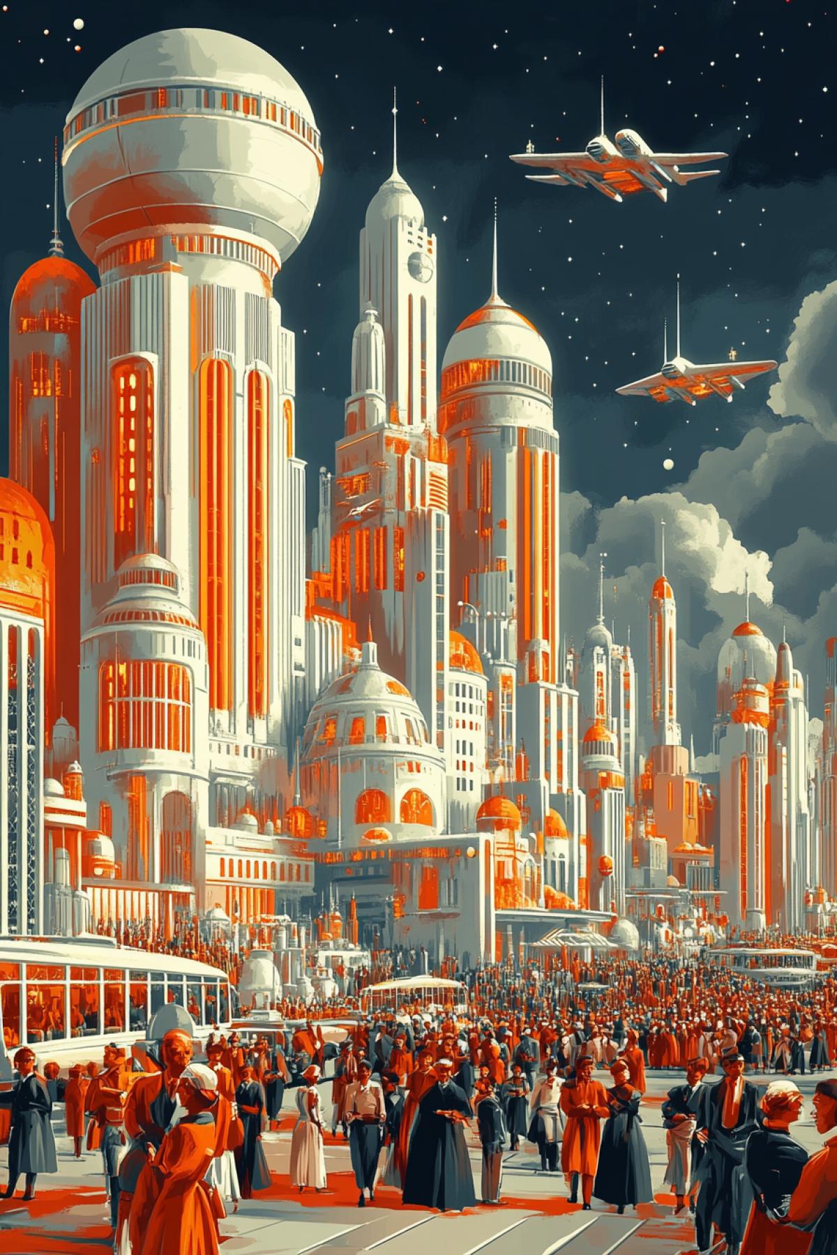 1940s vector art style book cover. Futuristic retro cityscape with towering art deco buildings, large spherical domes, sleek flying machines in the sky, vibrant colors, busy streets, detailed crowds, intricate architecture, 1940s sci-fi illustration, high contrast, bold lines, vivid shades of red, orange, yellow, white, dark blue moody sky, high detail --no captions s 500 c 15 p 94cczhz
