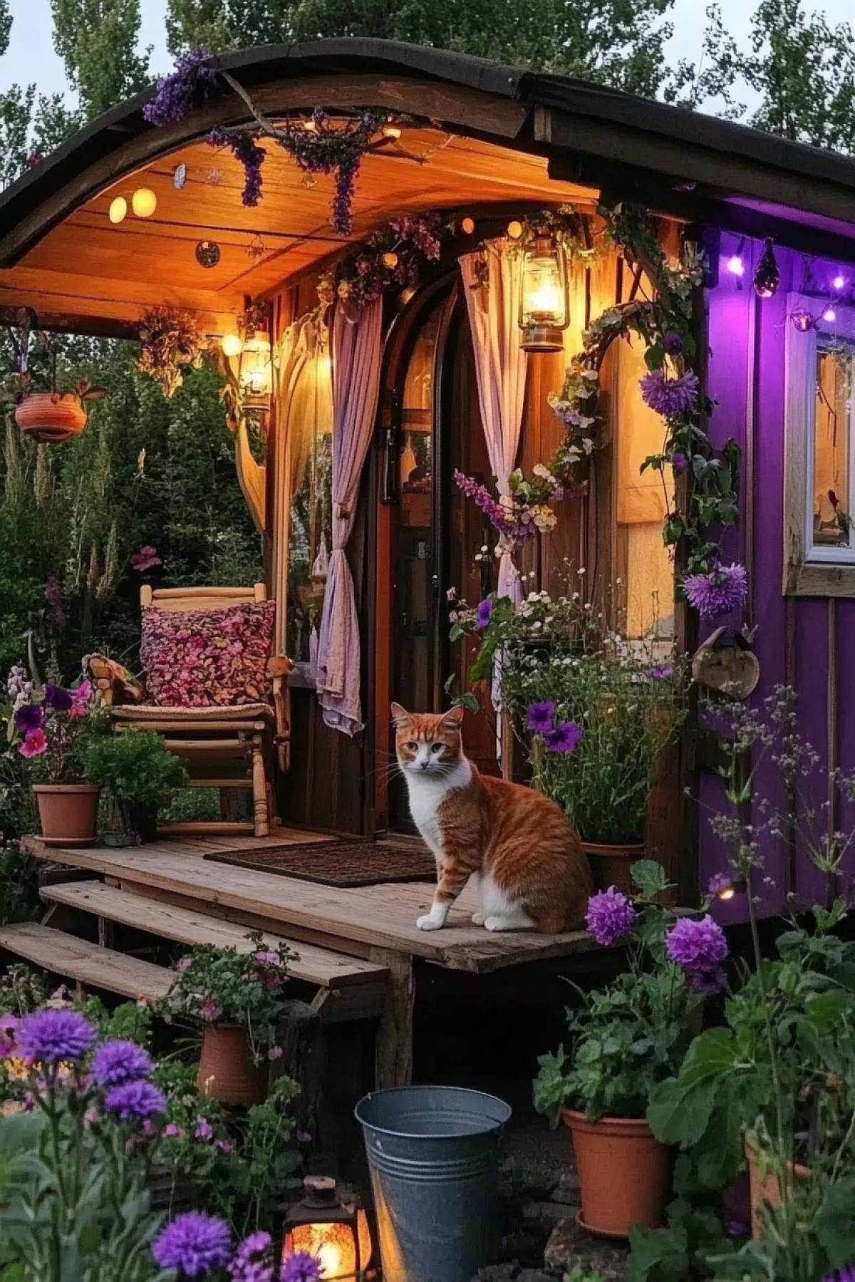 Ecological country house, cylindrical, on wheels, porch. The house is lit with lanterns, many plantings of flowers and shrubs, painted in purple light, dahlias, clematis, nasturtiums, cherry bushes, serviceberry trees, a reed-colored cat on the porch, flowerpots with geraniums, a bucket of water, an atmosphere of country life