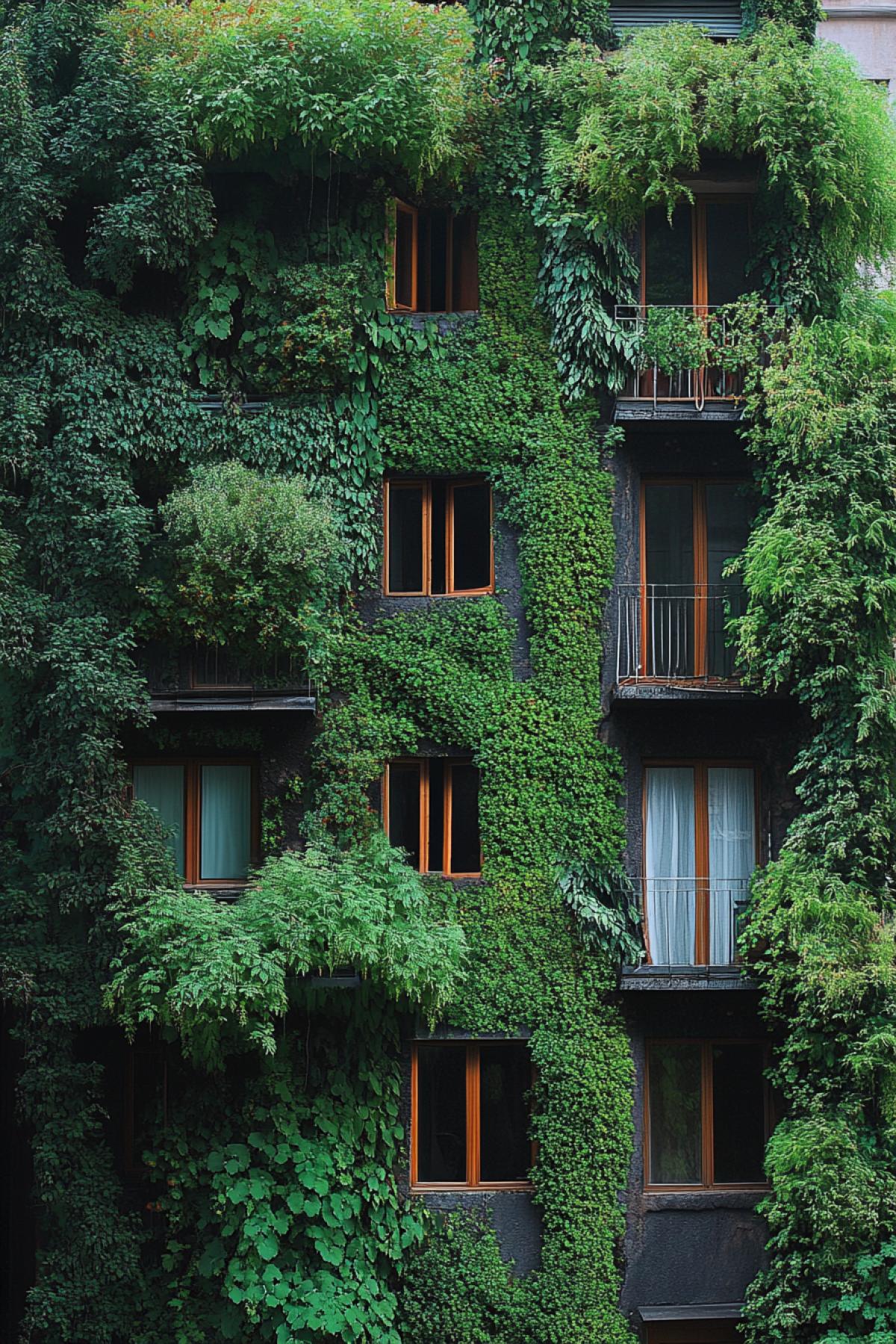 an ideal world where nature and technology coexist harmoniously. we need to generate images that reflect a utopian society where people are alone with nature. Trees grow on the walls of houses