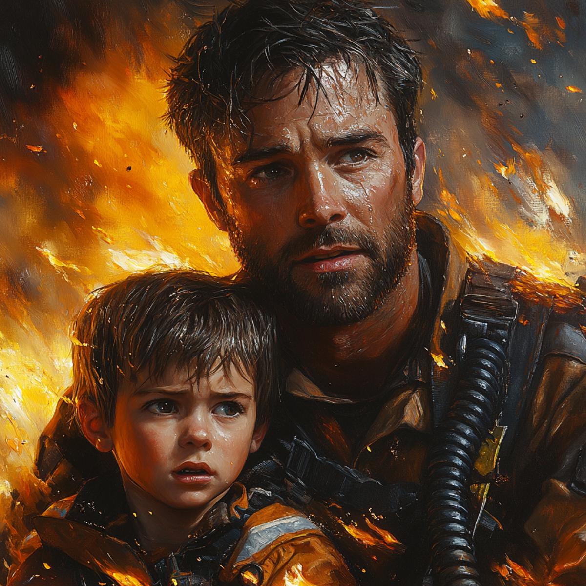 A realistic painting of a firefighter rescuing a child from a burning building, flames and smoke swirling around them, the firefighters determined expression contrasting with the childs frightened face, dramatic lighting highlighting the intensity of the scene, shadows cast by the flickering flames, smoke and fire reflected in their eyes, hd quality, vivid colors