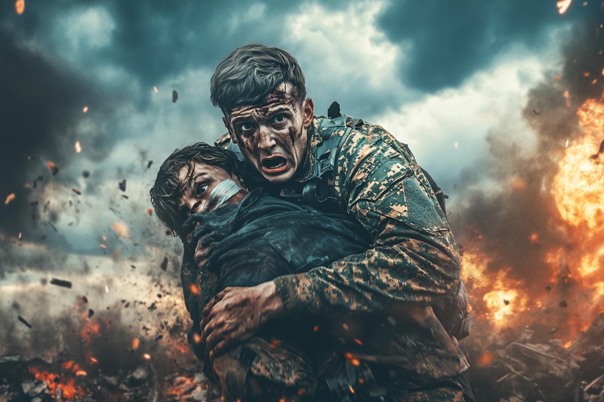 A high-definition photo of a soldier carrying a ed comrade across a battlefield. The soldier has an intense expression of pain and determination. The ed comrade has a bandage around his arm. The background is a chaotic battlefield with explosions, flying debris, and dark clouds overhead. Streaks of sunlight break through the clouds, creating a dramatic contrast. The photo has vivid colors and detailed imagery.