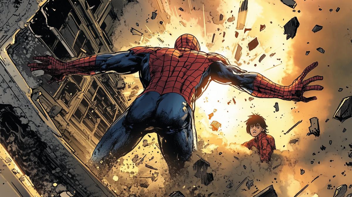 A Marvel comic panel of a superhero lifting a collapsing building to save a trapped family, powerful 4k with muscles straining, heroic expression, dust and debris swirling around, the family’s relieved faces visible beneath, dramatic shadows and light, vibrant comic-style colors, hd quality