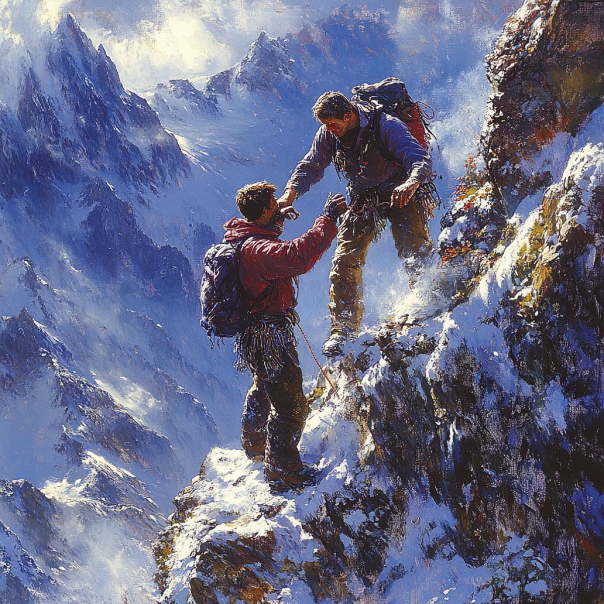 A dramatic painting of a mountaineer pulling another climber up from a cliff edge, hands ly gripping each other, intense focus on their faces showing fear and trust, the abyss below dark and shadowy, sunlight illuminating their struggle, rocks and snow around them, hd quality, natural colors