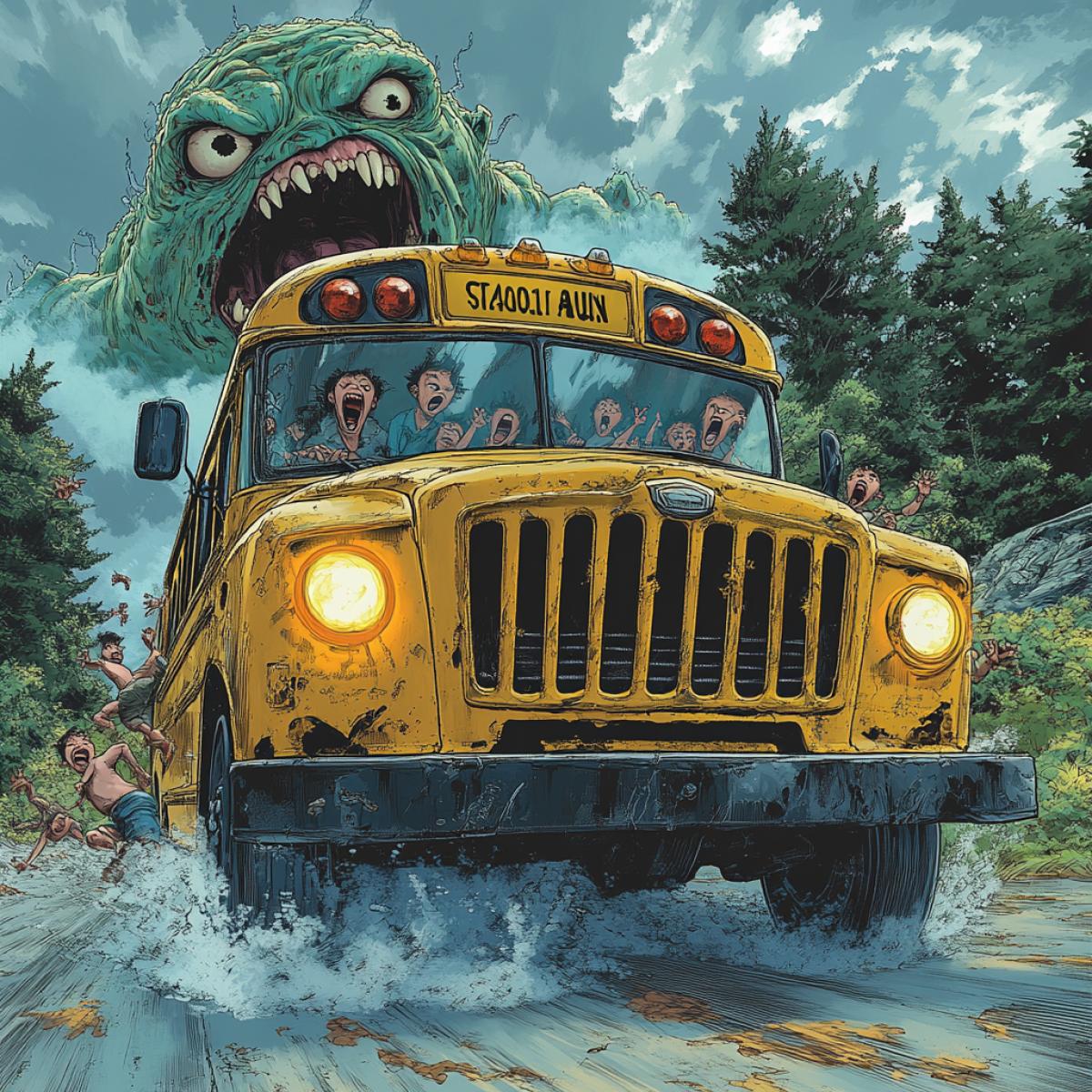 Medium shot of a bright yellow cartoon style school bus bouncing up and down. The bus driver has crazy hair and is clutching the dark steering wheel ly with a frightening expression on his face. The children on the bus are behaving piggishly and going crazy, sticking their heads and arms out of the windows and screaming on both sides of the bus. A large macaroni monster can be seen behind the bus.