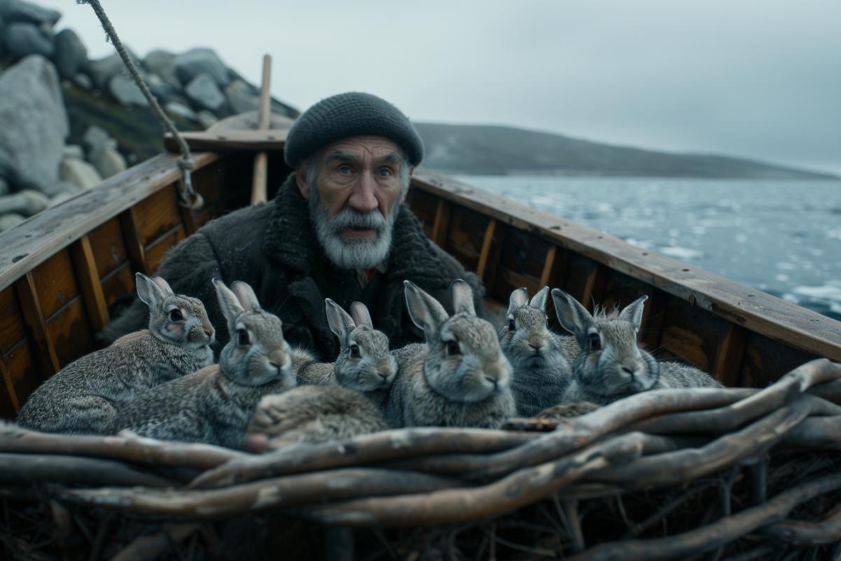 Flood, water all around, spring, grandfather in a boat with many hares
