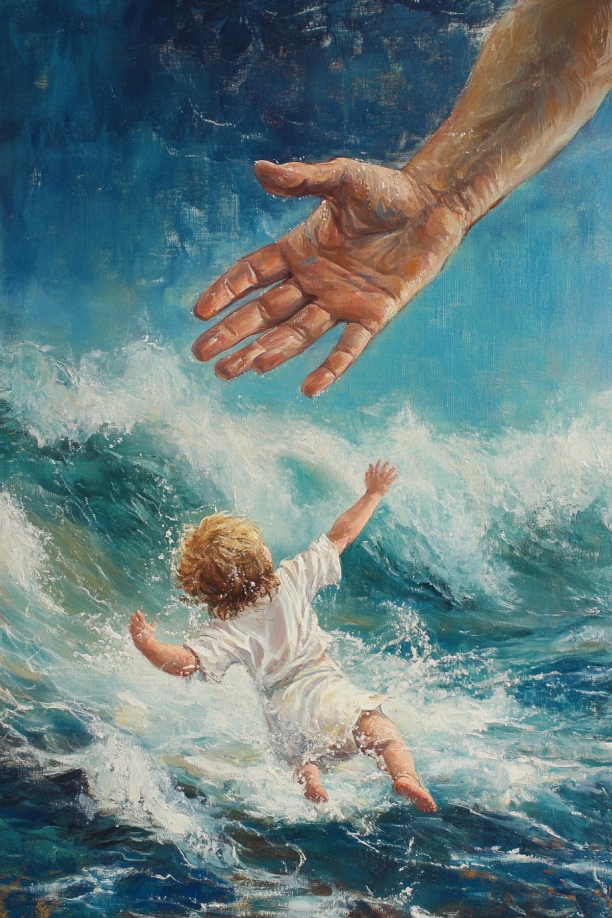 Saving hand of Jesus Christ from high skies stretched to drowning child storming sea epic art