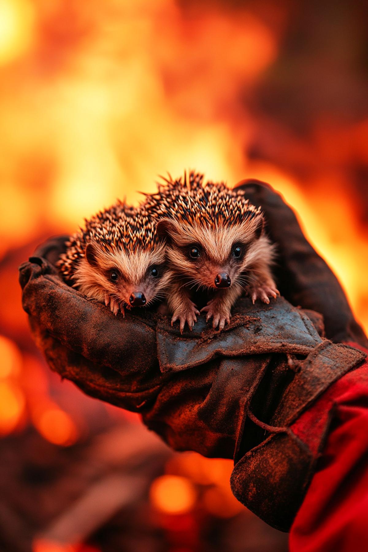 Rescuing several hedgehogs from burning forest firemans glove on the background of bright colours of fire epic photo