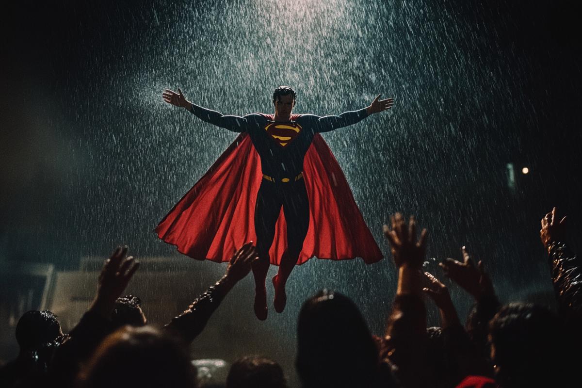 Superman flies up to people, they reach out to him, Zack Snyder style, rain, darkness, comic book style