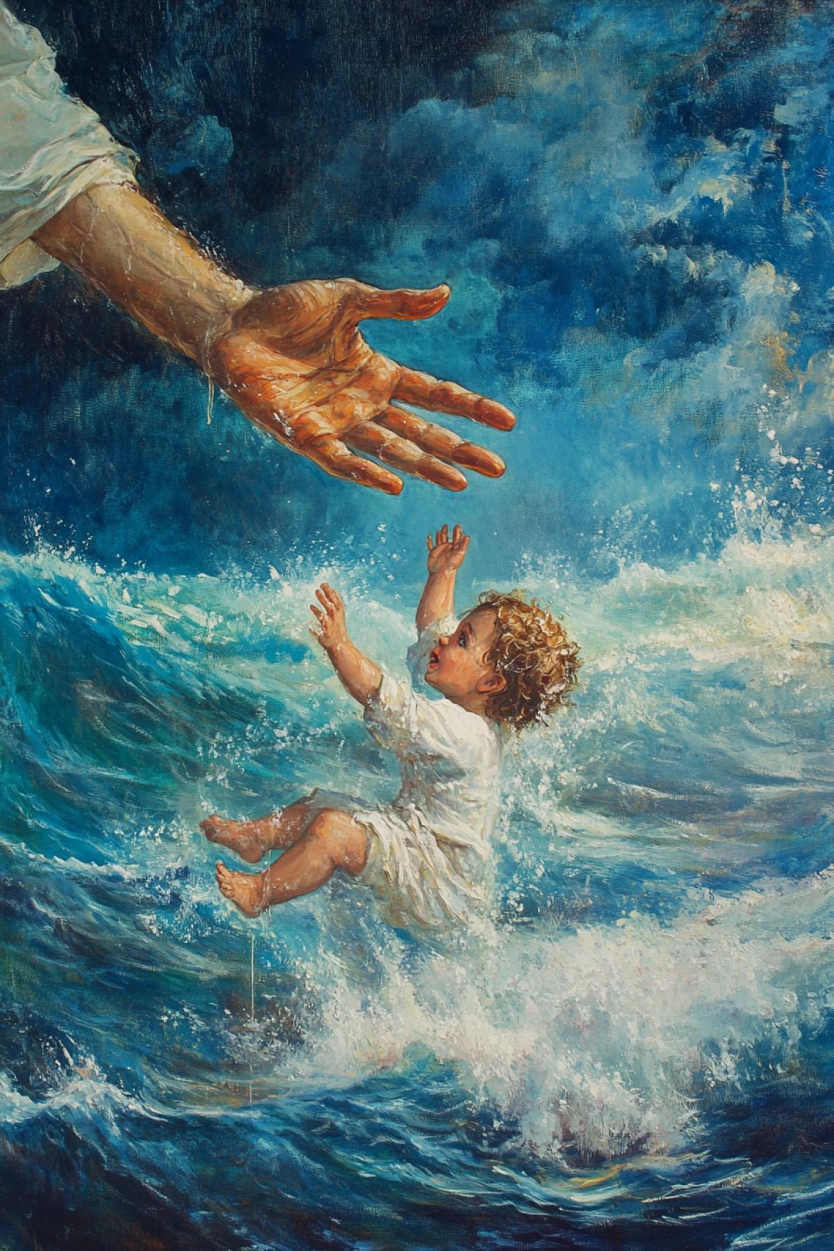 Saving hand of Jesus Christ from high skies stretched to drowning child storming sea epic art