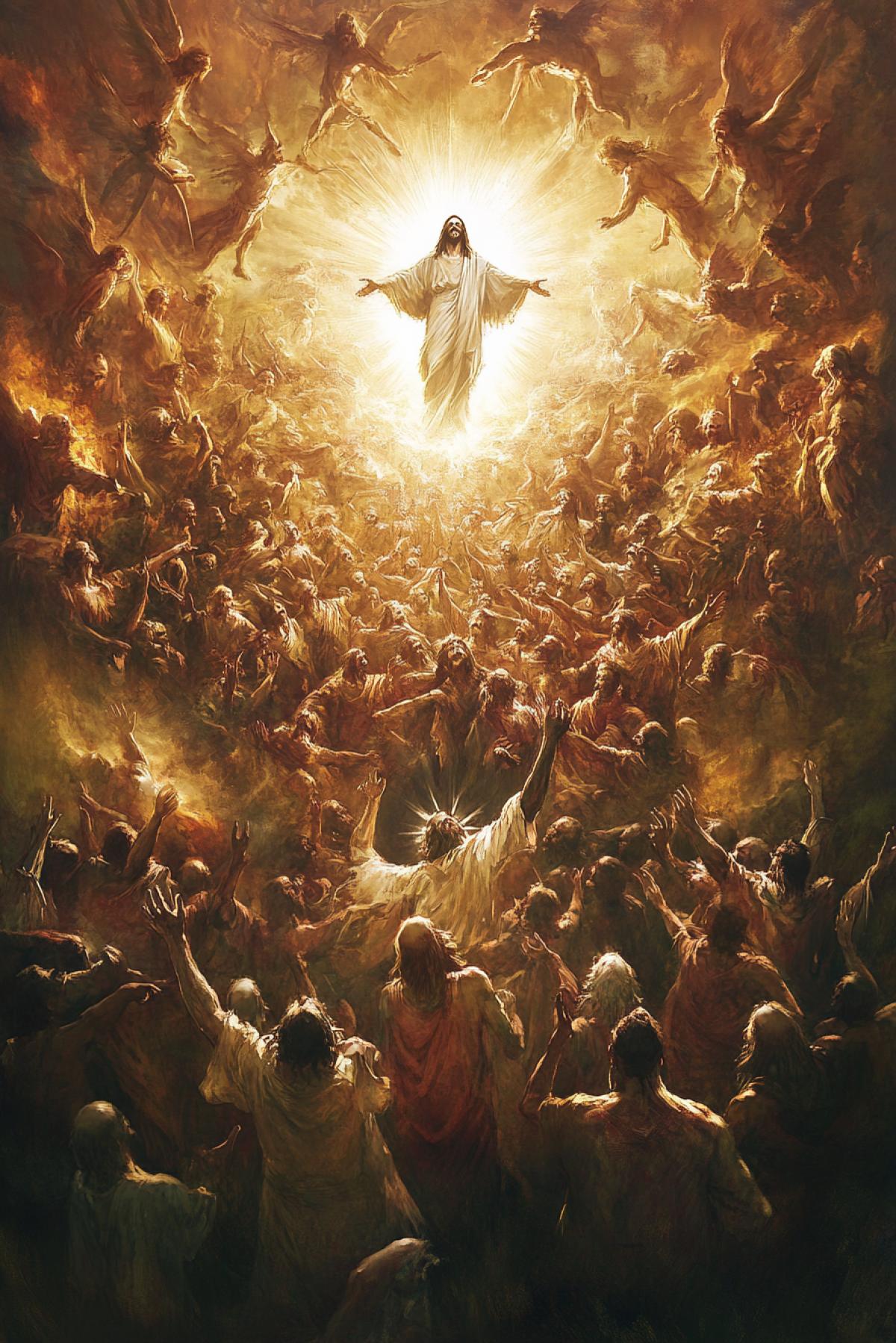 Billions of ugly sinners awaiting for salvation from shining Jesus Christ the Messiah above all epic art