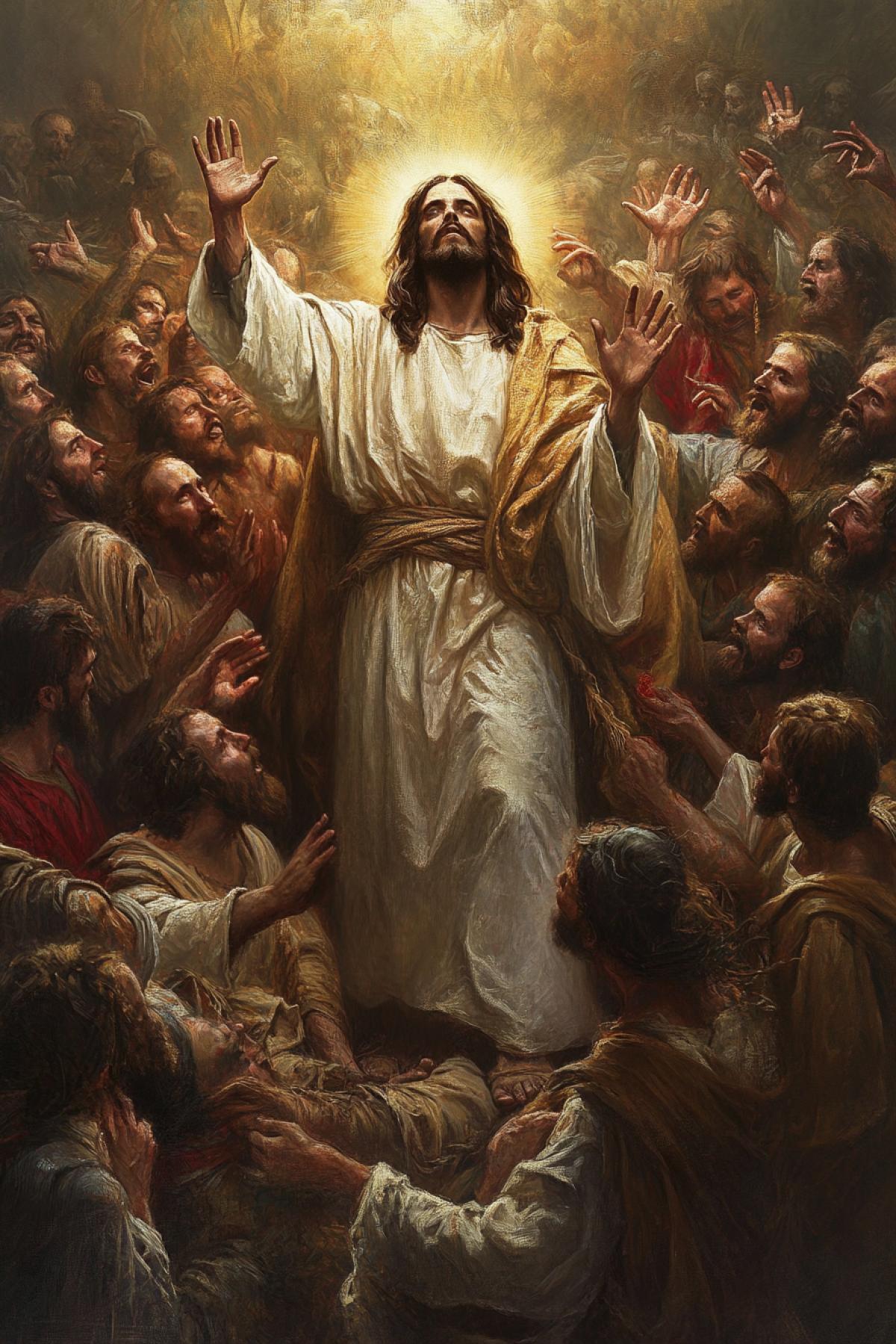 Billions of ugly sinners awaiting for salvation from shining Jesus Christ the Messiah above all epic art