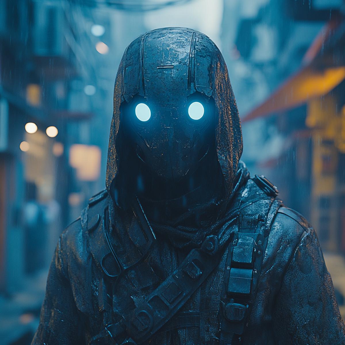 A photo of a gloomy futuristic scene in a dystopian metropolis. On a ruined street, lit by flickering neon lights, stands a man wearing a futuristic mask that covers his entire face. The mask is made of glossy dark metal, with embedded LED strips that emit a cool blue light. There is no mouth on the face of the mask, only two opaque lenses through which you can only see the shadow of the inner gaze. The background is surrounded by dilapidated skyscrapers with giant wires and cables snaking out of them. A thick artificial fog rises from the floor, obscuring everything except the masked figure.
