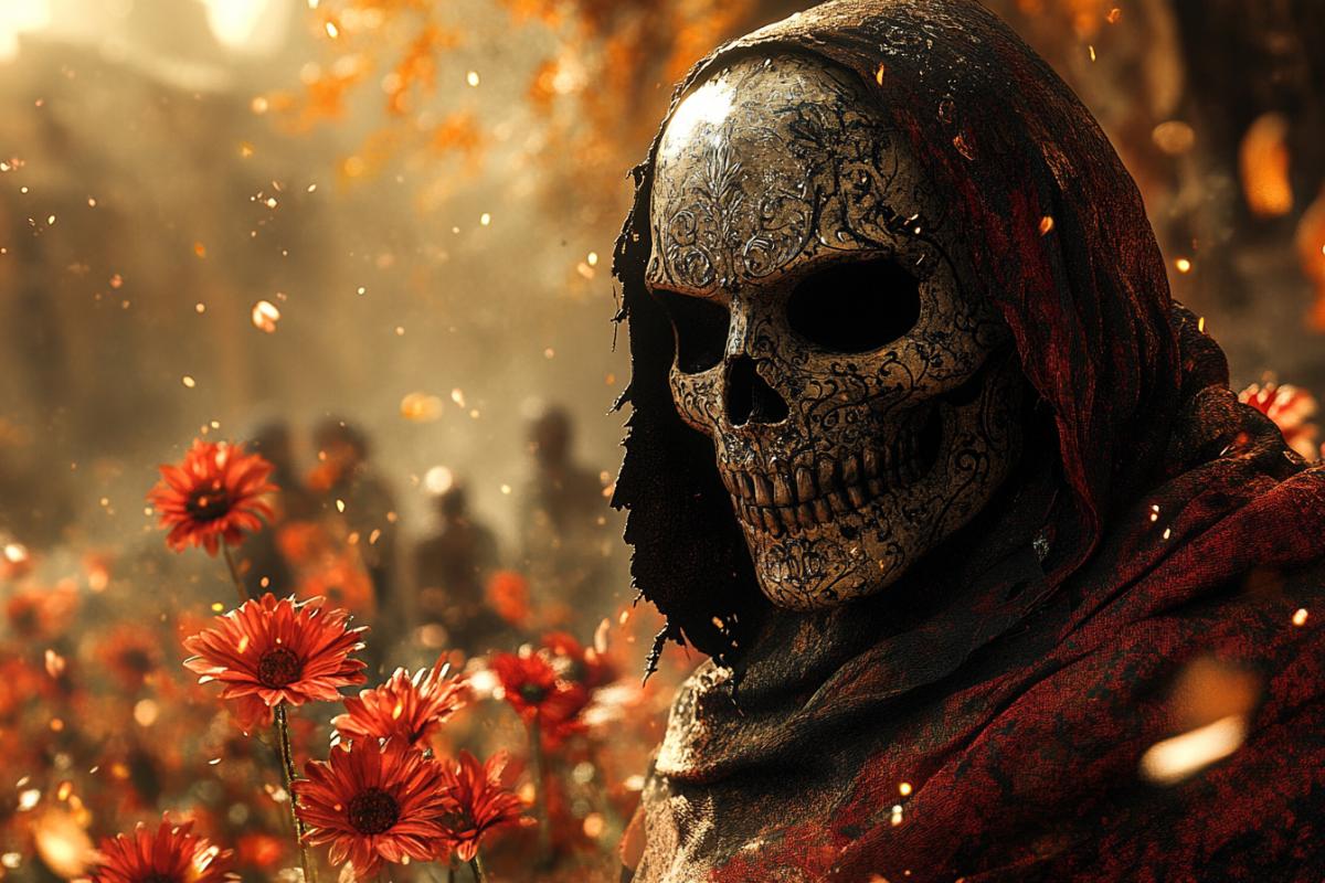 A DARK CITY DURING TWILIGHT, A MACABRE ATMOSPHERE OF SKELETONS AND A MASK HIDING THE FACE, WITH DETAILED SUGAR SKULL STYLE PAINTING. dark AND RED DAISIES ARE ARRANGED AROUND THE FIGURE, GIVING AN EERIE EFFECT. TRADITIONAL MEXICAN GARB WITH dark AND RED ACCENTS, TATTERED PAPER PATTERNS HUNG ON THE RUINED WALLS. A SILENT BUT MENACING PROCESSION, PEOPLE WEARING ORNATE MASKS THAT MOVE WITHOUT SOUND. GRIM FACE PAINTING, SKULL AND BONE MOTIFS THAT CREATE A SENSE OF INEVITABILITY AND GHOSTLINESS. DARK AND THREATENING ATMOSPHERE BUILT ON CULTURAL SYNTHESIS AND TRADITION, DIGITAL ILLUSTRATION, DETAILED LINE WORK, STRONG AND CONTRASTING COLORS, DYNAMIC COM4k, DRAMATIC LIGHTING, IN THE STYLE OF THE PAINTINGS OF DIEGO RIVERA AND FRIDA KAHLO. THE CREATORS SIGNATURE SONIA M IS IN THE LOWER RIGHT CORNER, CLEARLY LEGIBLE.
