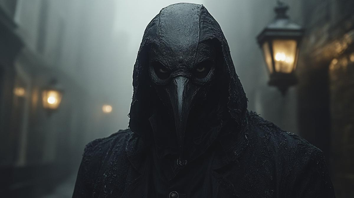A man in a dark antique carnival mask with a long beak, a dark deserted street, thick fog, faintly glowing lanterns, gloomy lighting, a mysterious and threatening atmosphere