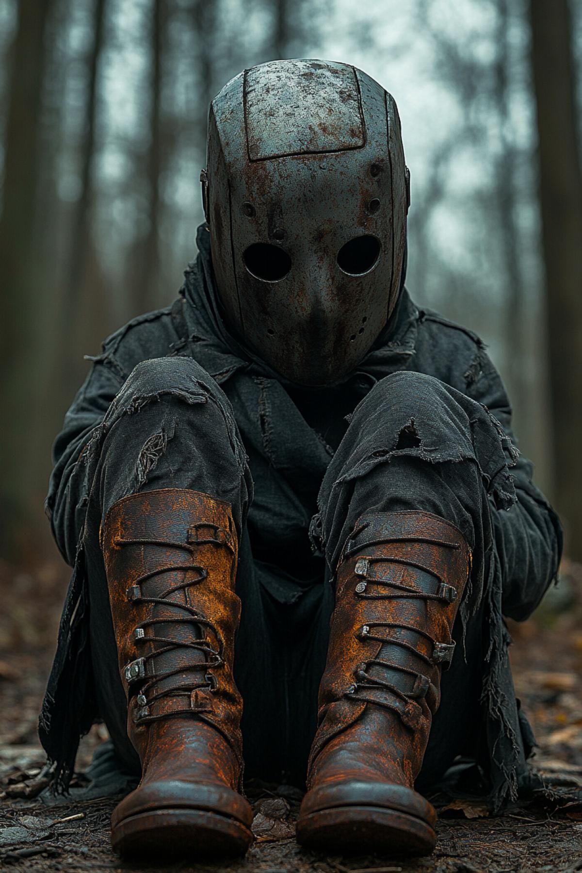 A gloomy figure in a medieval iron mask on his feet, boots with red liquid-red stains, an ominous forest, thick fog, dim light, a threatening atmosphere, rust on the mask, shadows from trees