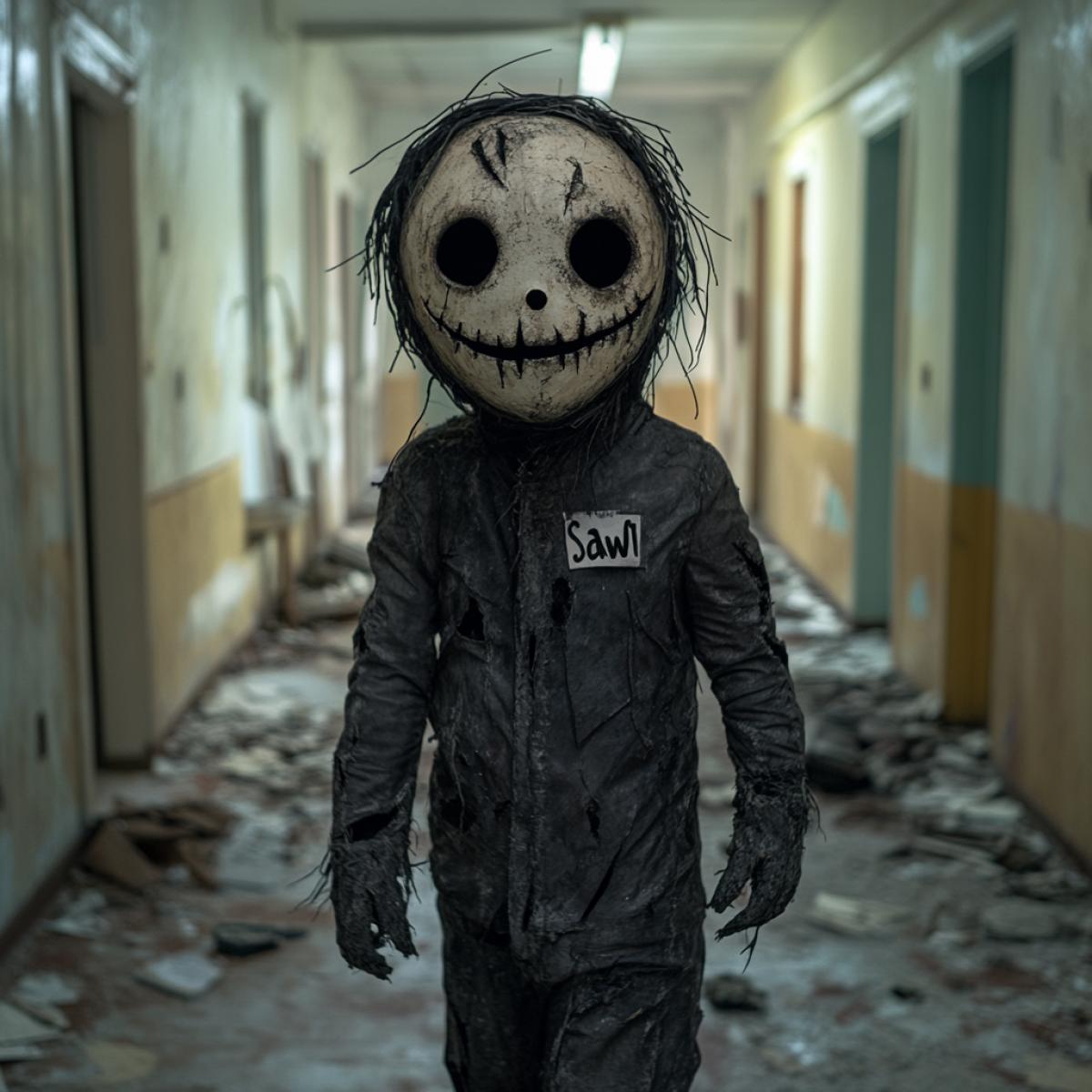 A figure in a mask from the movie \"Saw\", an abandoned hospital corridor, flickering lights, empty eye sockets, a crooked smile, broken glass and garbage on the floor, an atmosphere of desolation