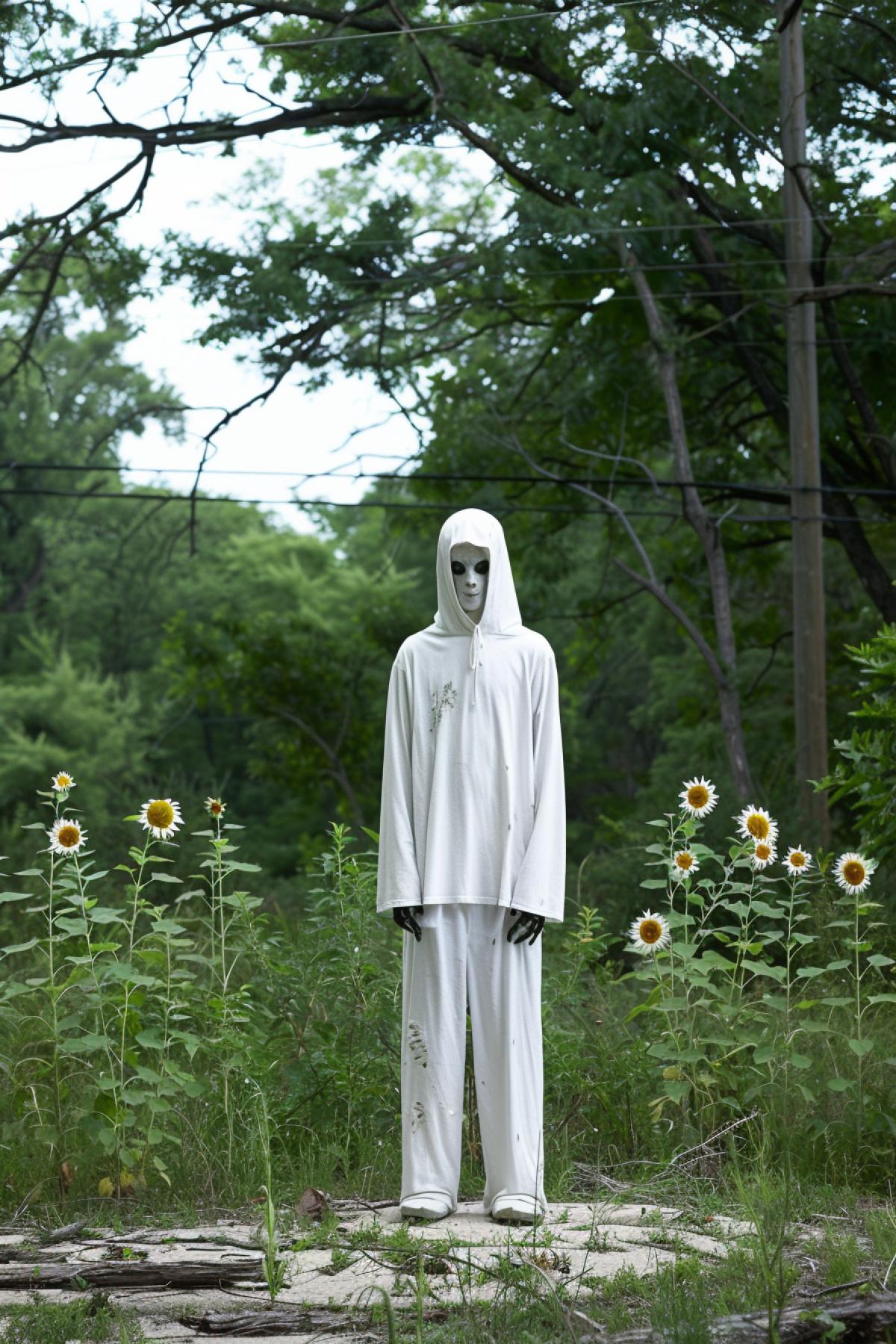 A man in a creepy mask stands among the sunflowers