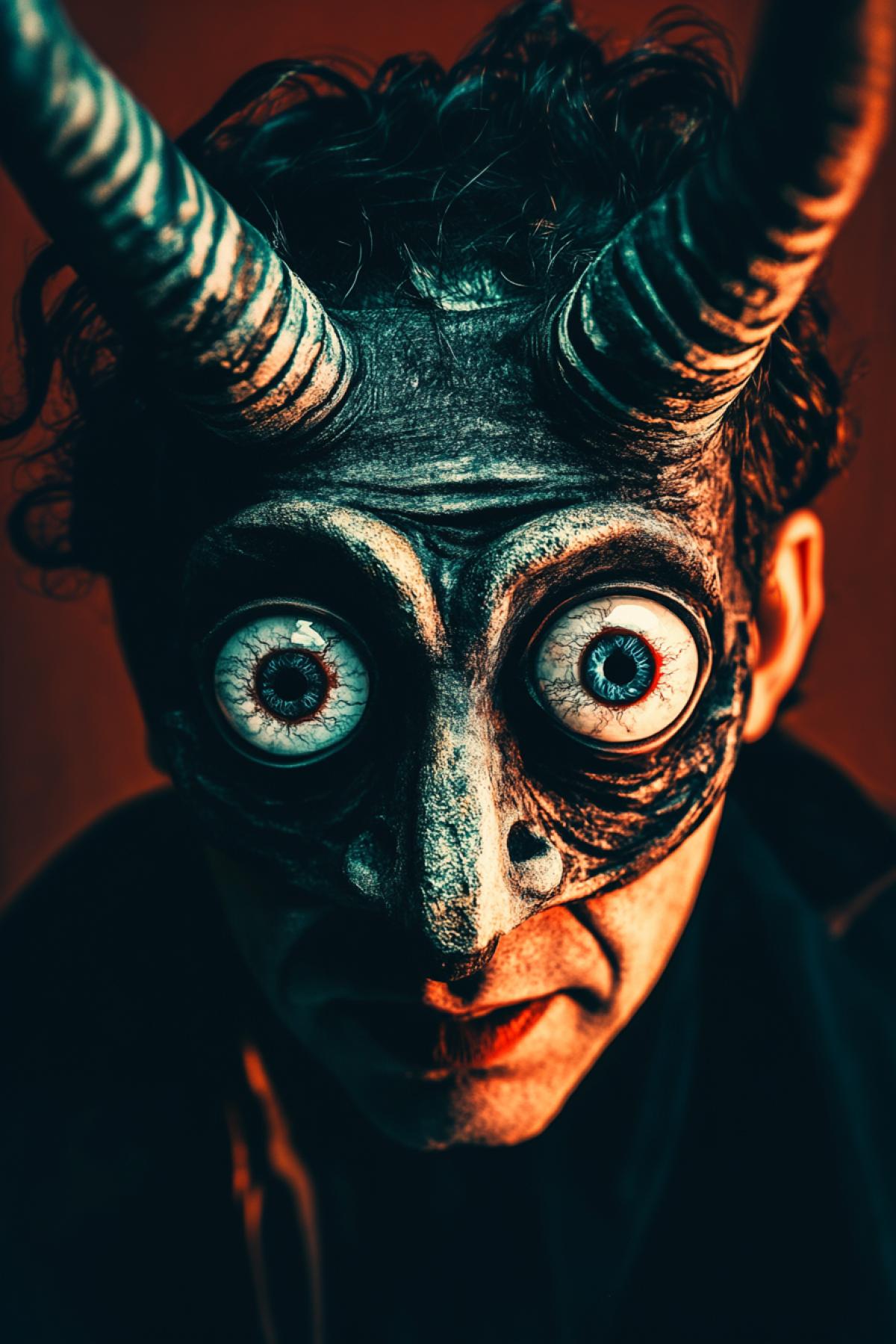 man in an ominous mask with big eyes and horns, flickering, realistic image, photoshop, comic noir style, psychedelic, bright and rich colors