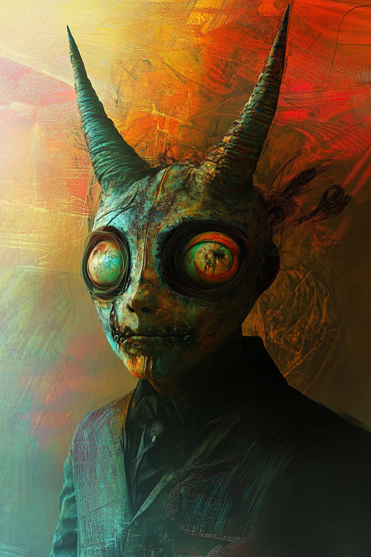 man in an ominous mask with big eyes and horns, flickering, realistic image, photoshop, comic noir style, psychedelic, bright and rich colors