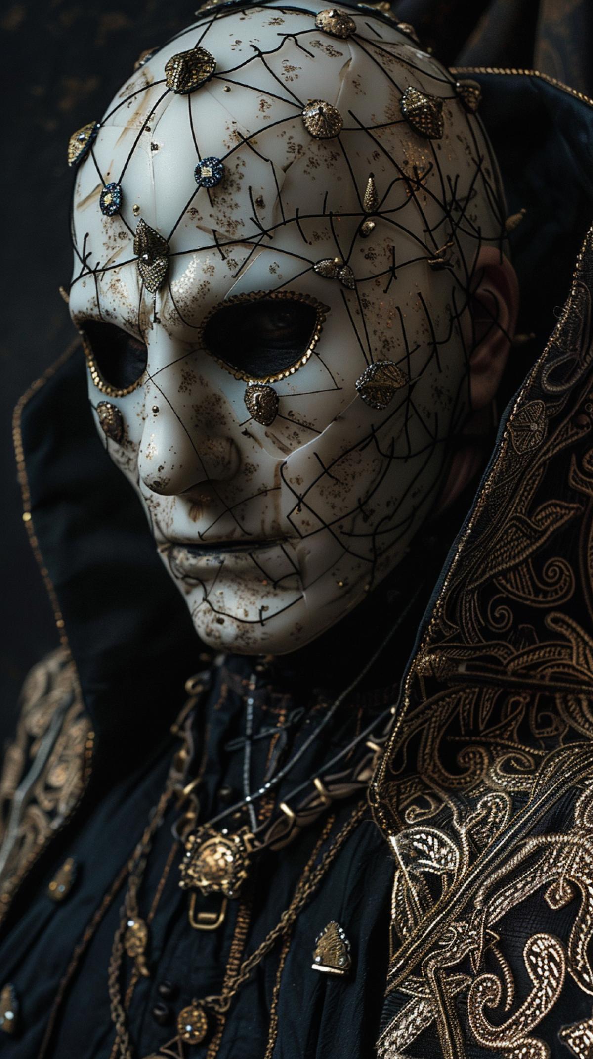 Emperor in dark, gold embroidered clothes, wears a mask covered with a porcelain mask, cracked porcelain mask, 16th century, cracked in half, deathcore style, matte photo
