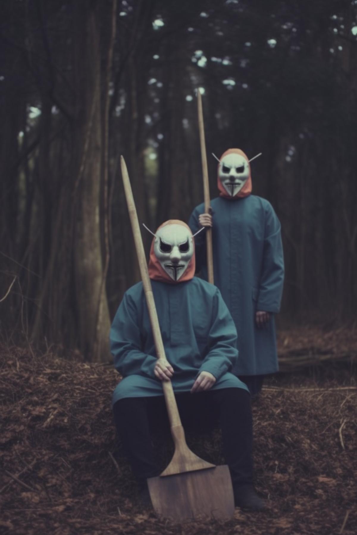 Creepy people in masks, they have a saw and an axe. This happens in the garden.