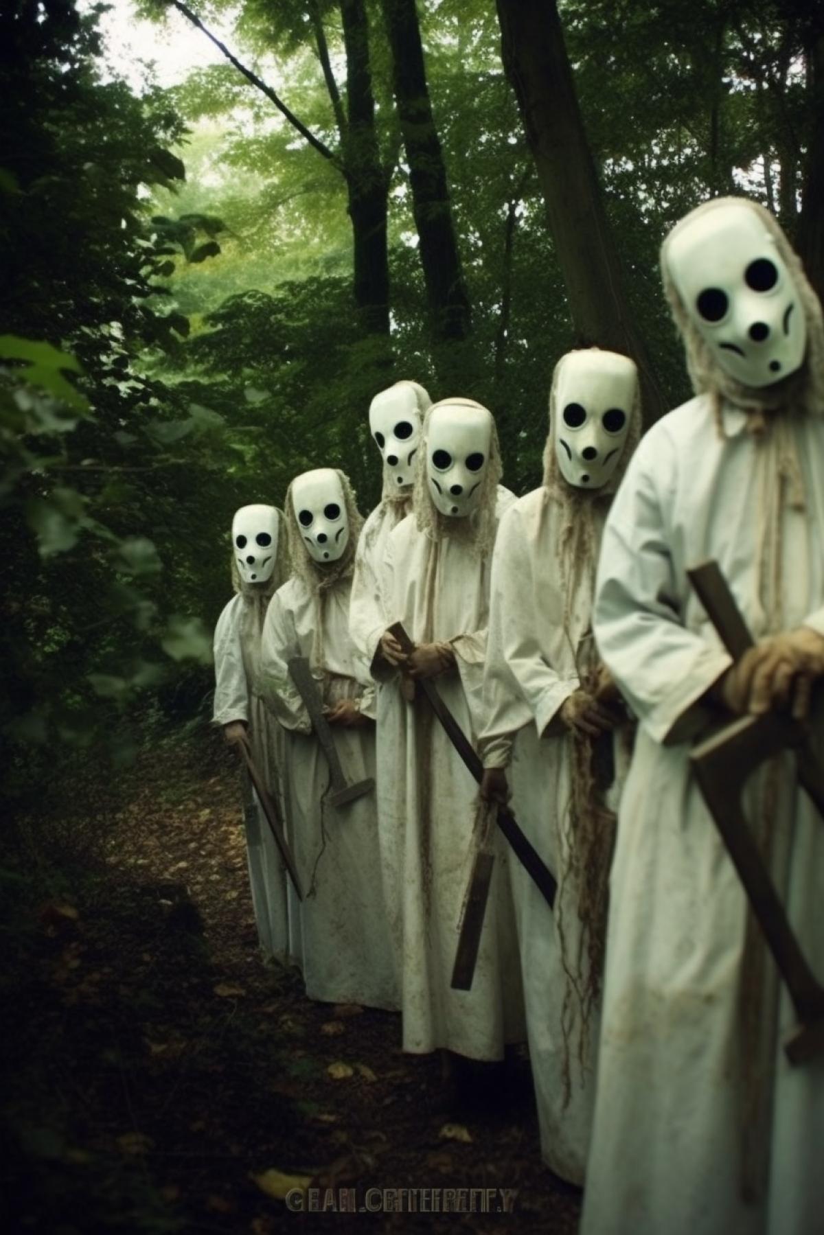 Creepy people in masks, they have a saw and an axe. This happens in the garden.
