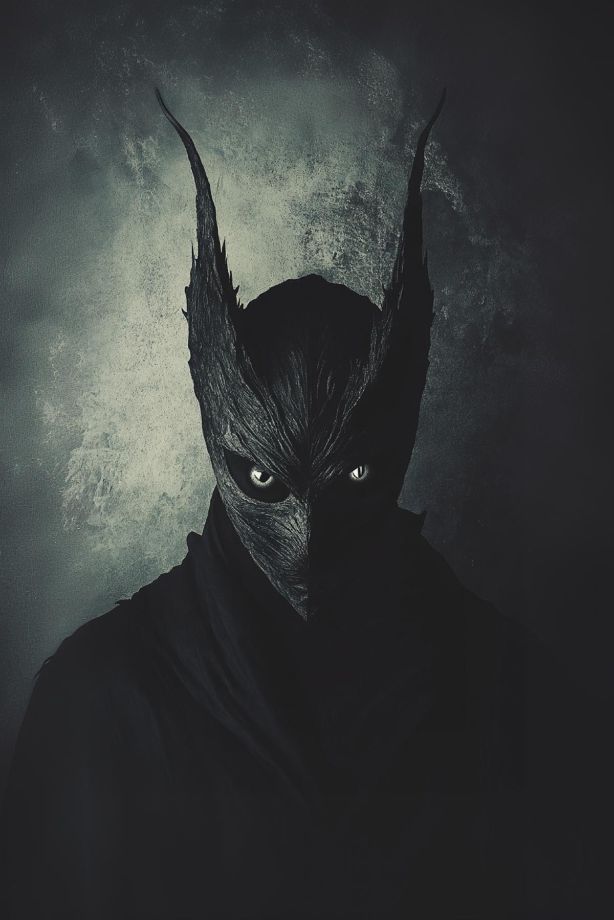 man in an ominous mask with big eyes and horns, flickering, realistic image, photoshop, comic noir style, psychedelic